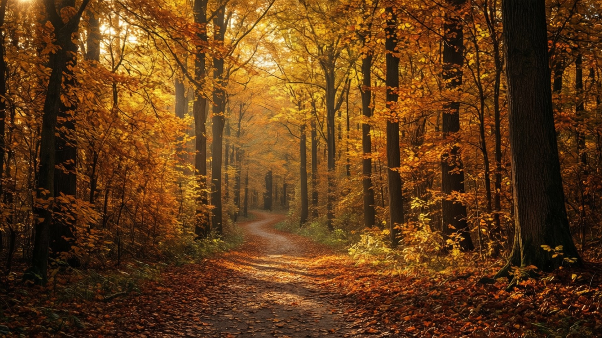 golden autumn forest path, golden autumn leaves, warm sunlight, Full HD Desktop Wallpaper