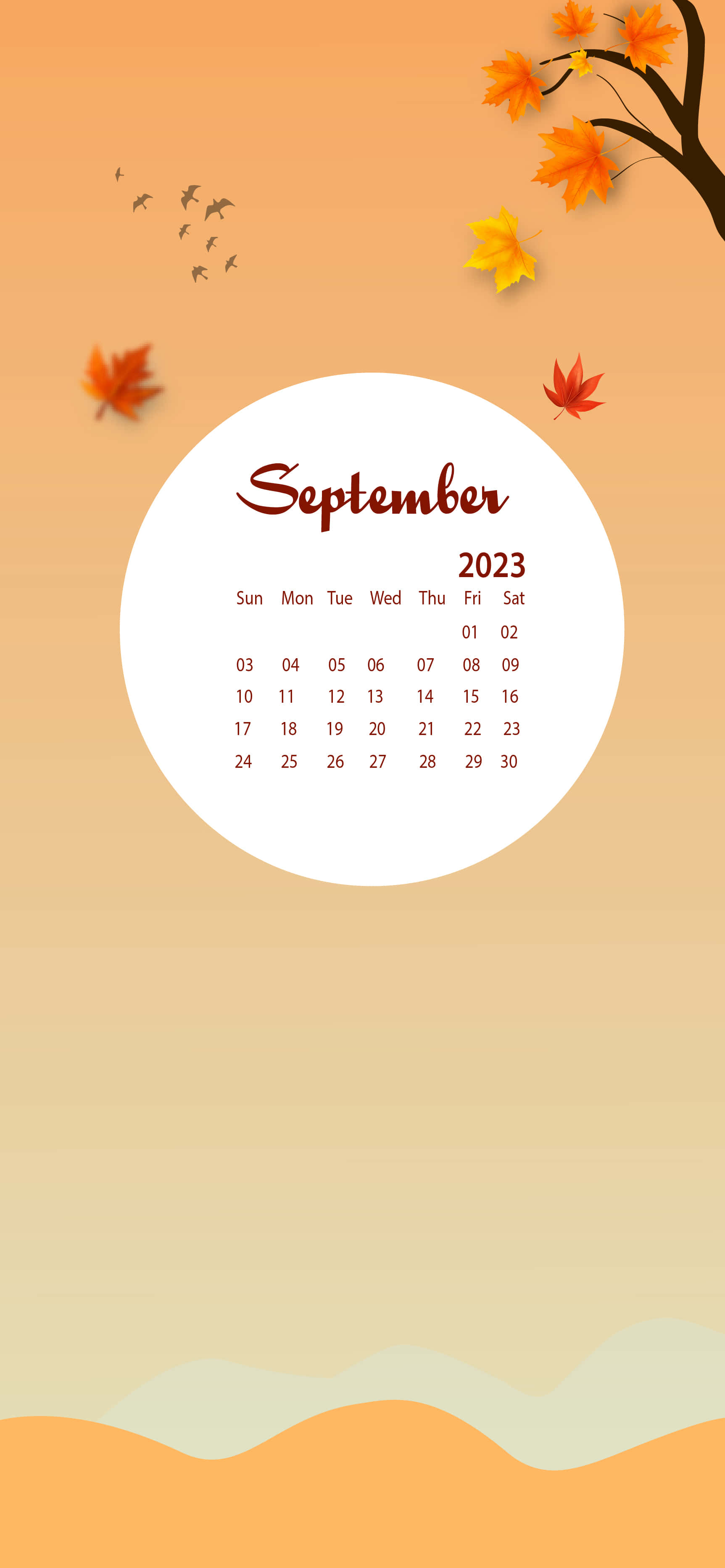 September 2023 calendar, white circle, warm gradient background, 2K Phone Wallpaper