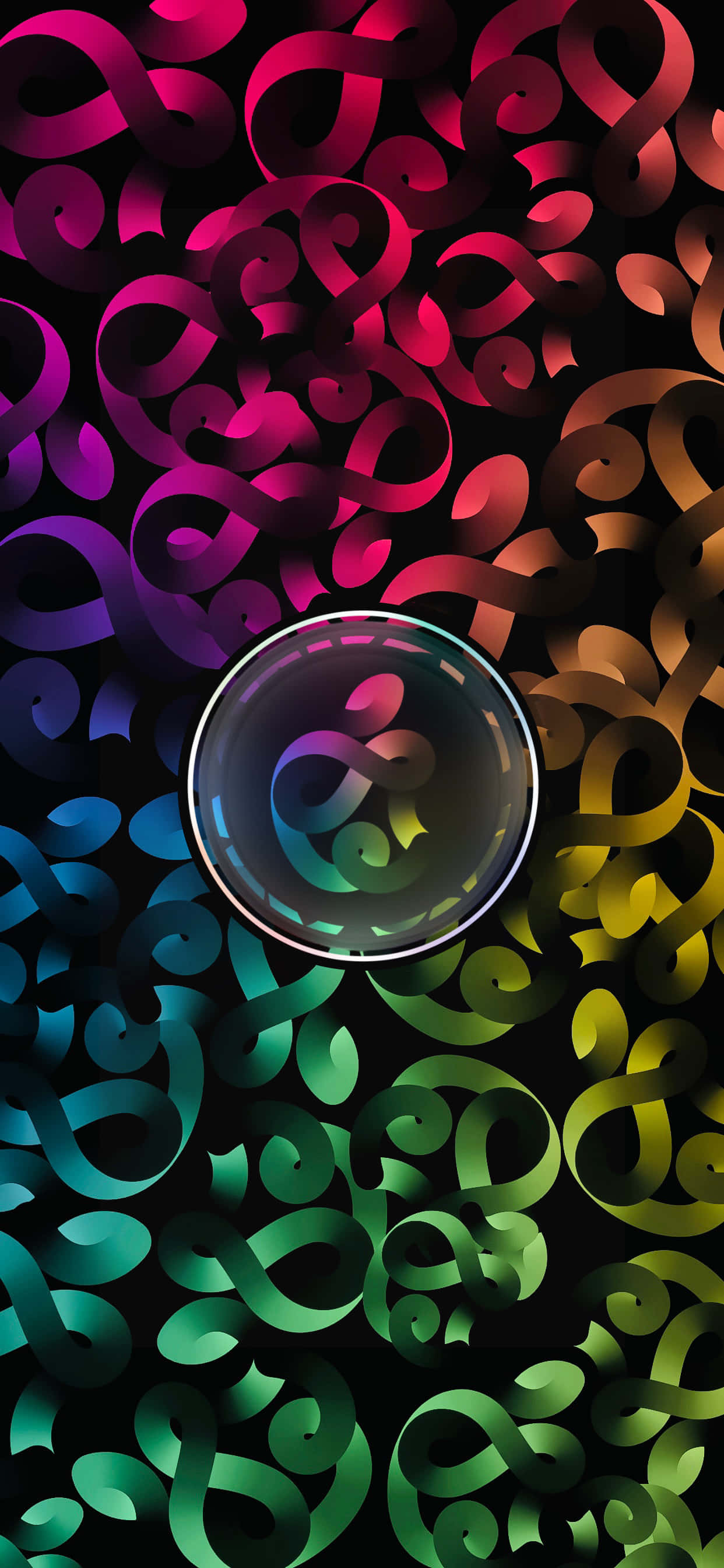 colorful abstract curves, vibrant gradient swirl pattern, central glossy orb, 2K Phone Wallpaper