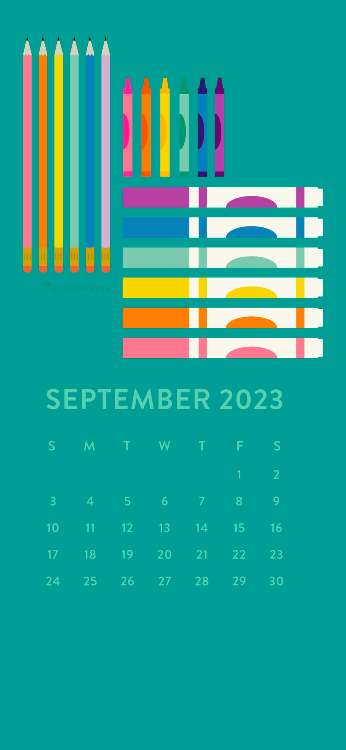 teal background, September 2023, colorful pencils, 2K Phone Wallpaper