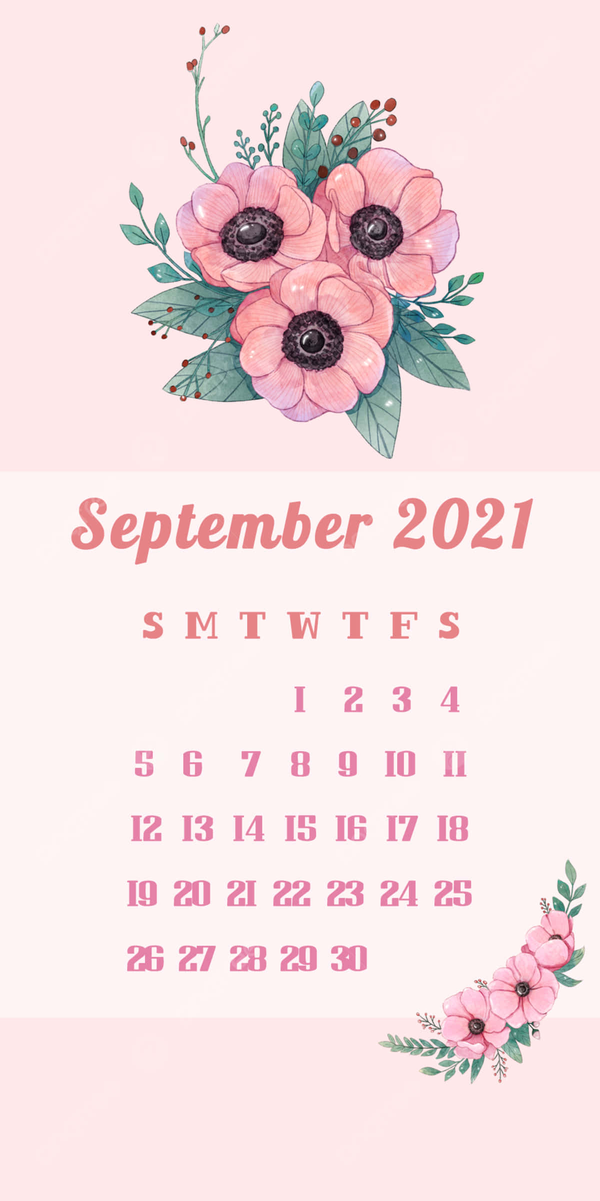 September 2021, floral calendar, soft pink, Full HD Phone Wallpaper
