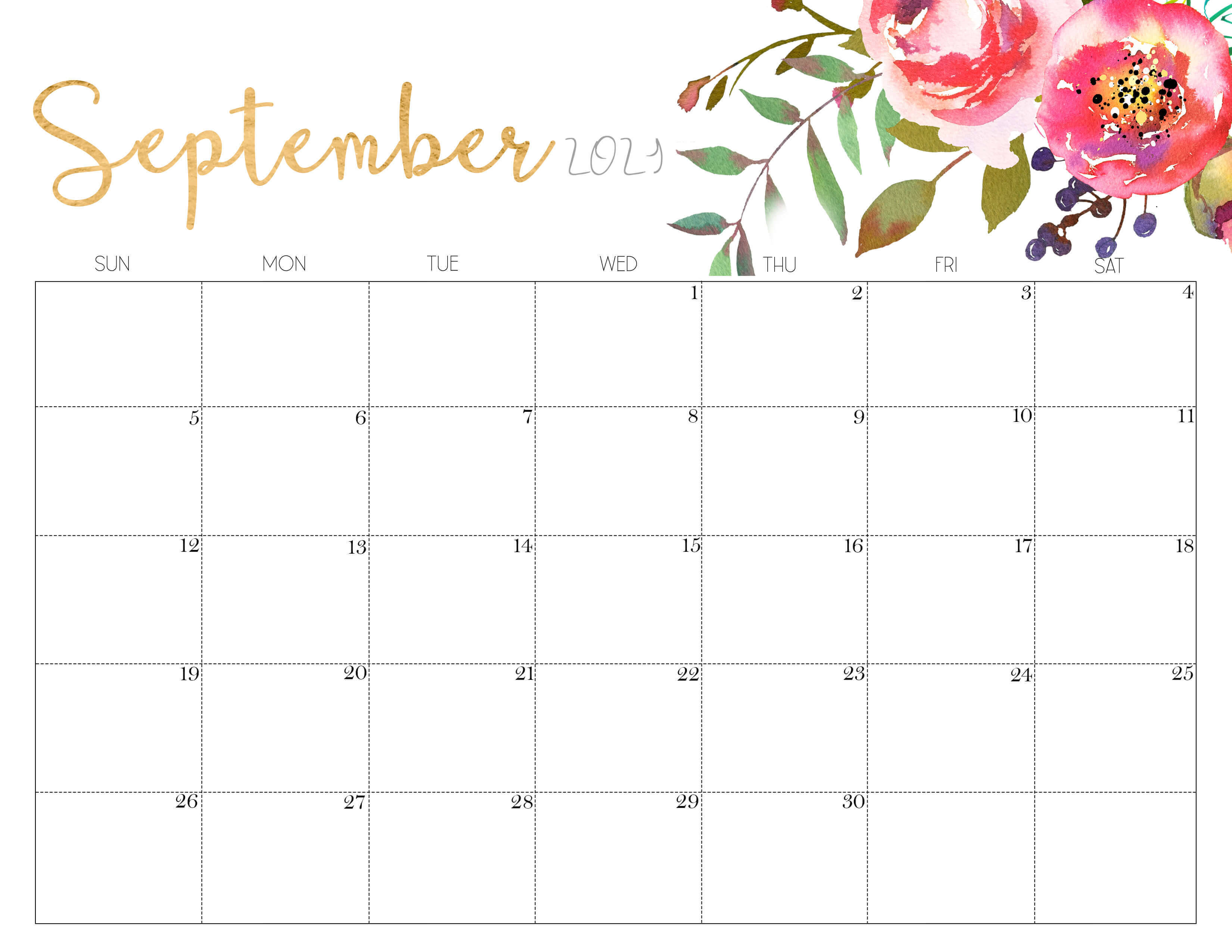 September 2024 calendar, gold script, watercolor pink flowers, 2K Desktop Wallpaper