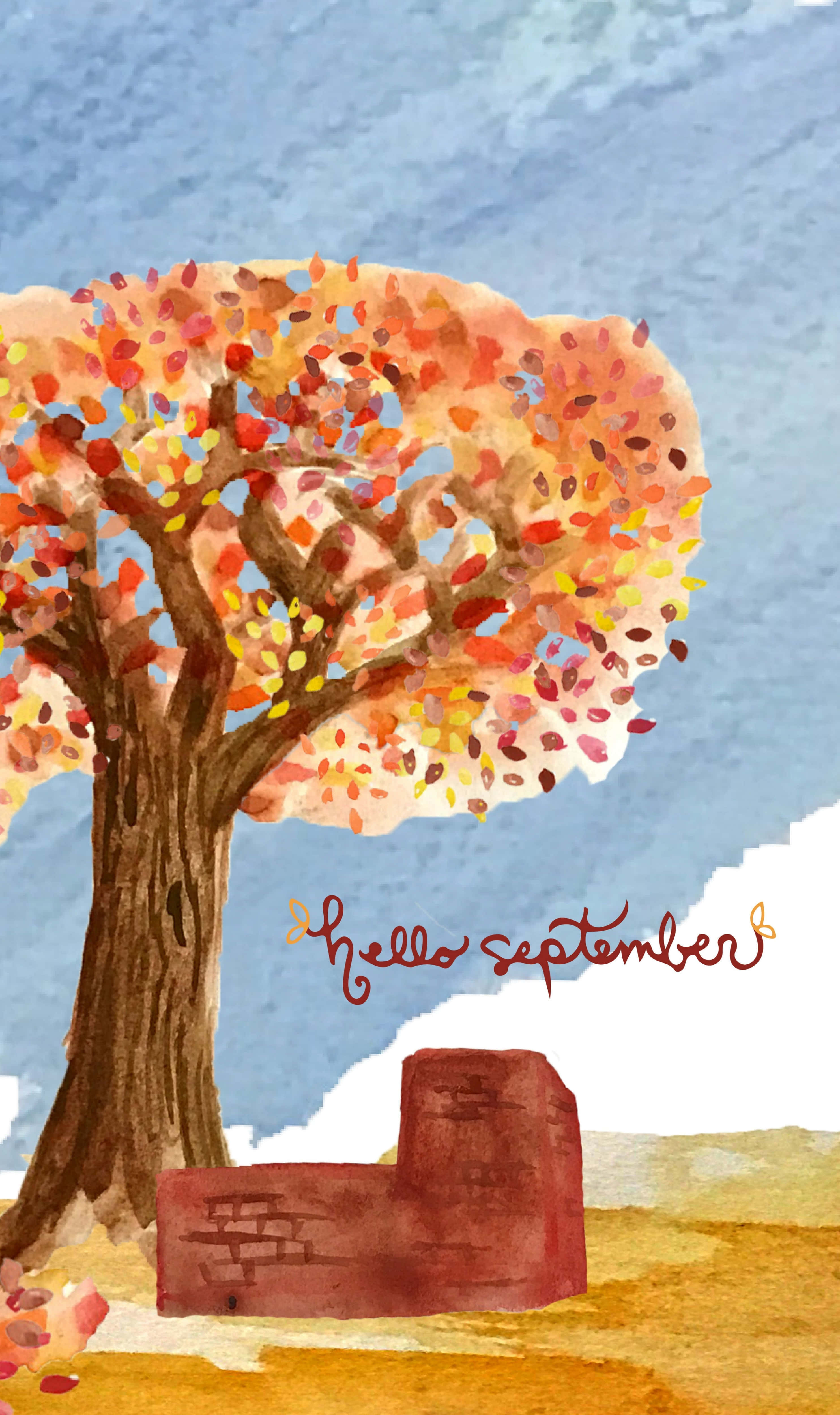 hello september, autumn tree, fiery autumn leaves, 4K Phone Wallpaper