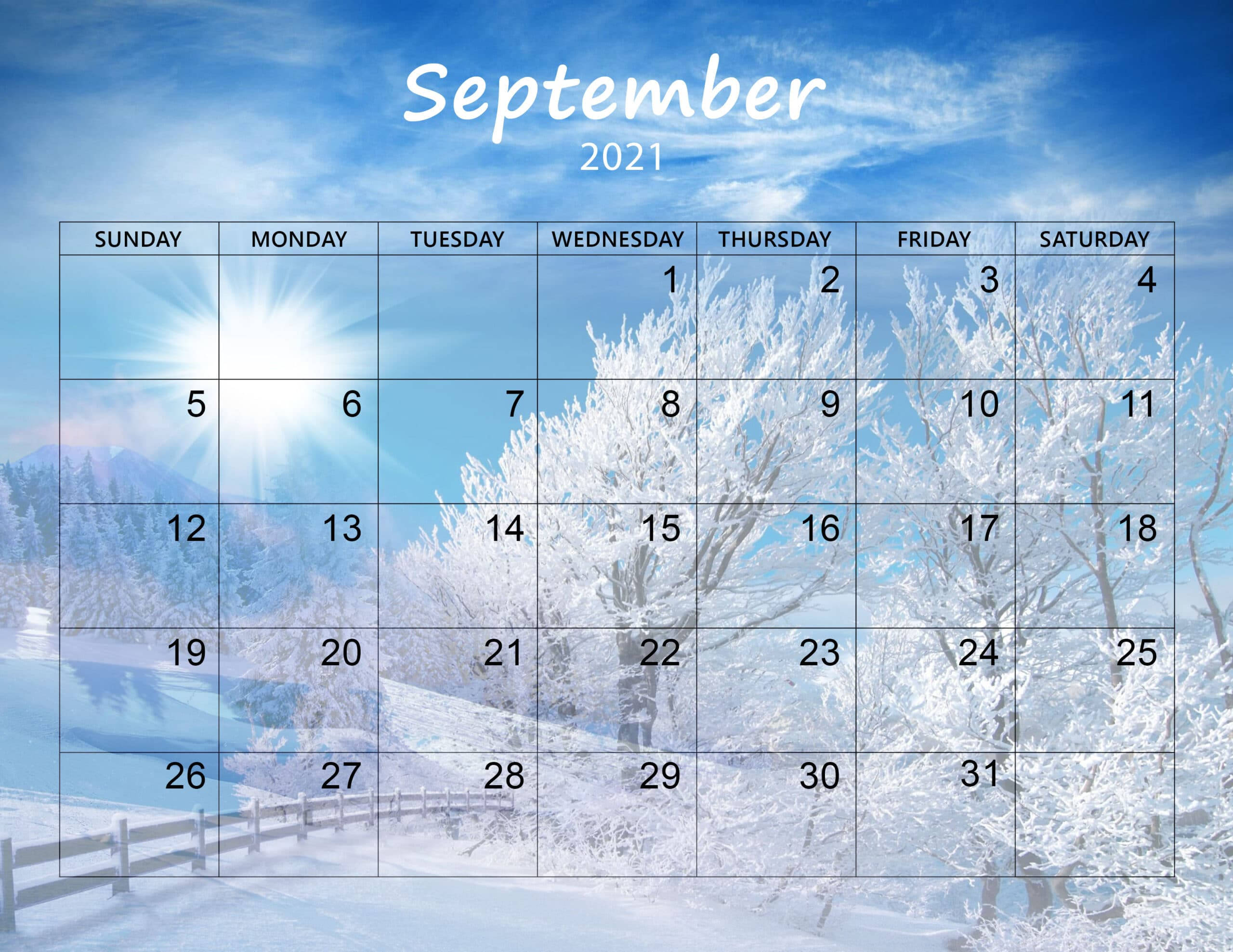 September 2021 calendar, snowy forest, sunlit frost-covered trees, 2K Desktop Wallpaper