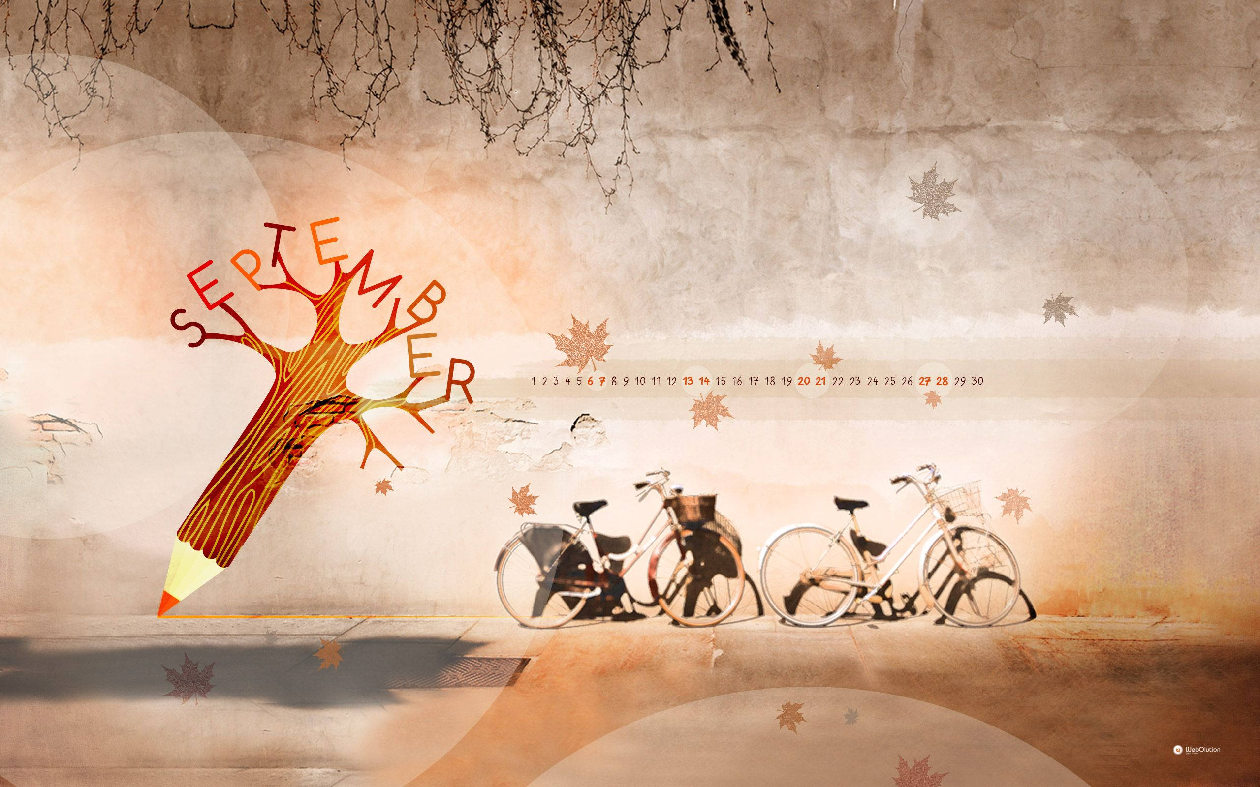 September, bicycles, autumn leaves, 2K Desktop Wallpaper