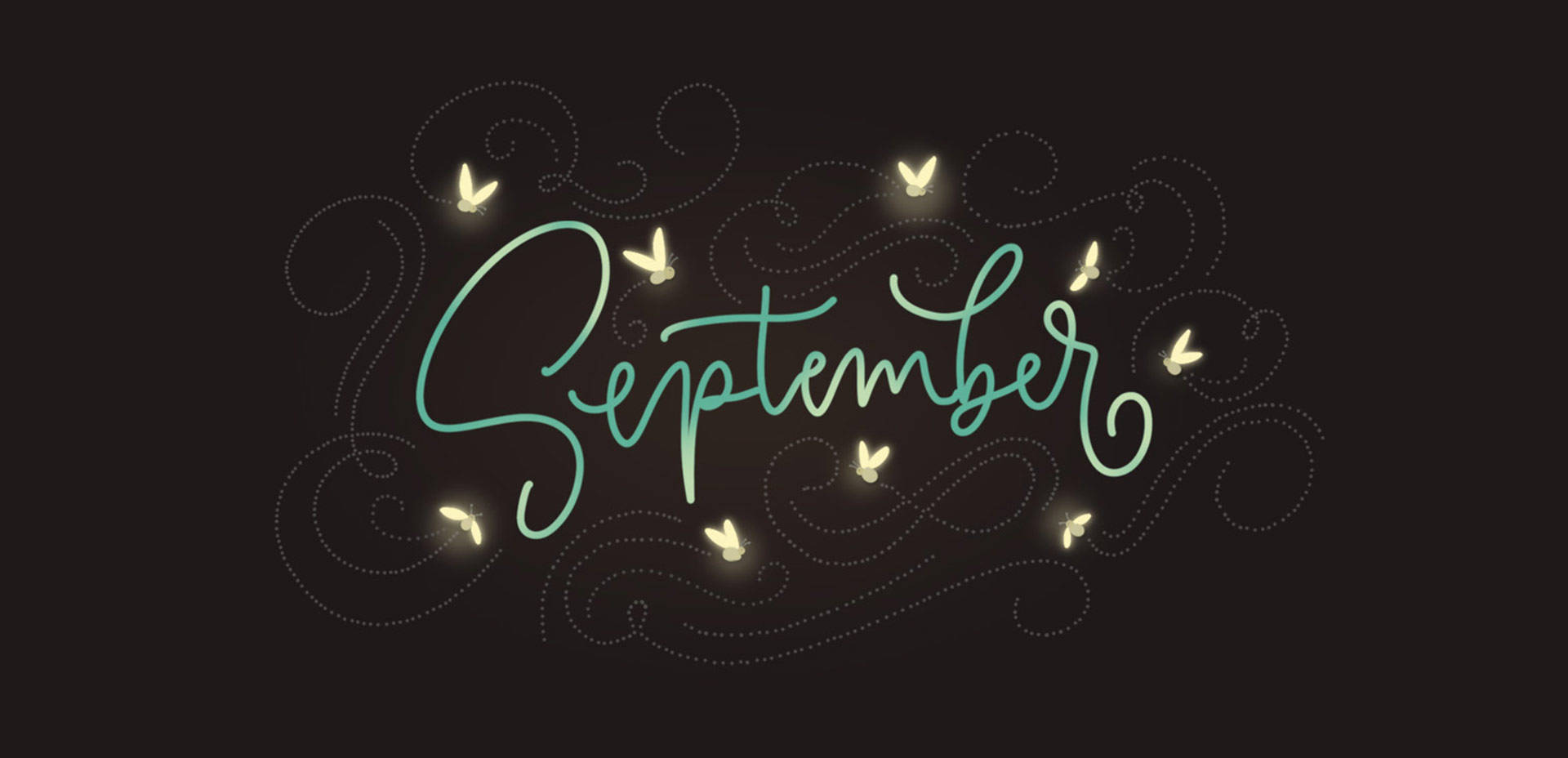 September, teal script, glowing fireflies, Full HD Desktop Wallpaper