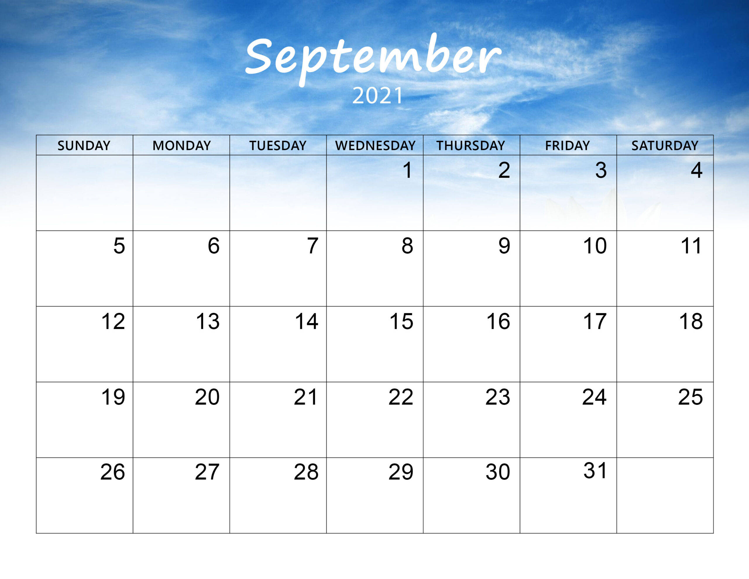 September 2021 calendar, white boxes, black text, 2K Desktop Wallpaper