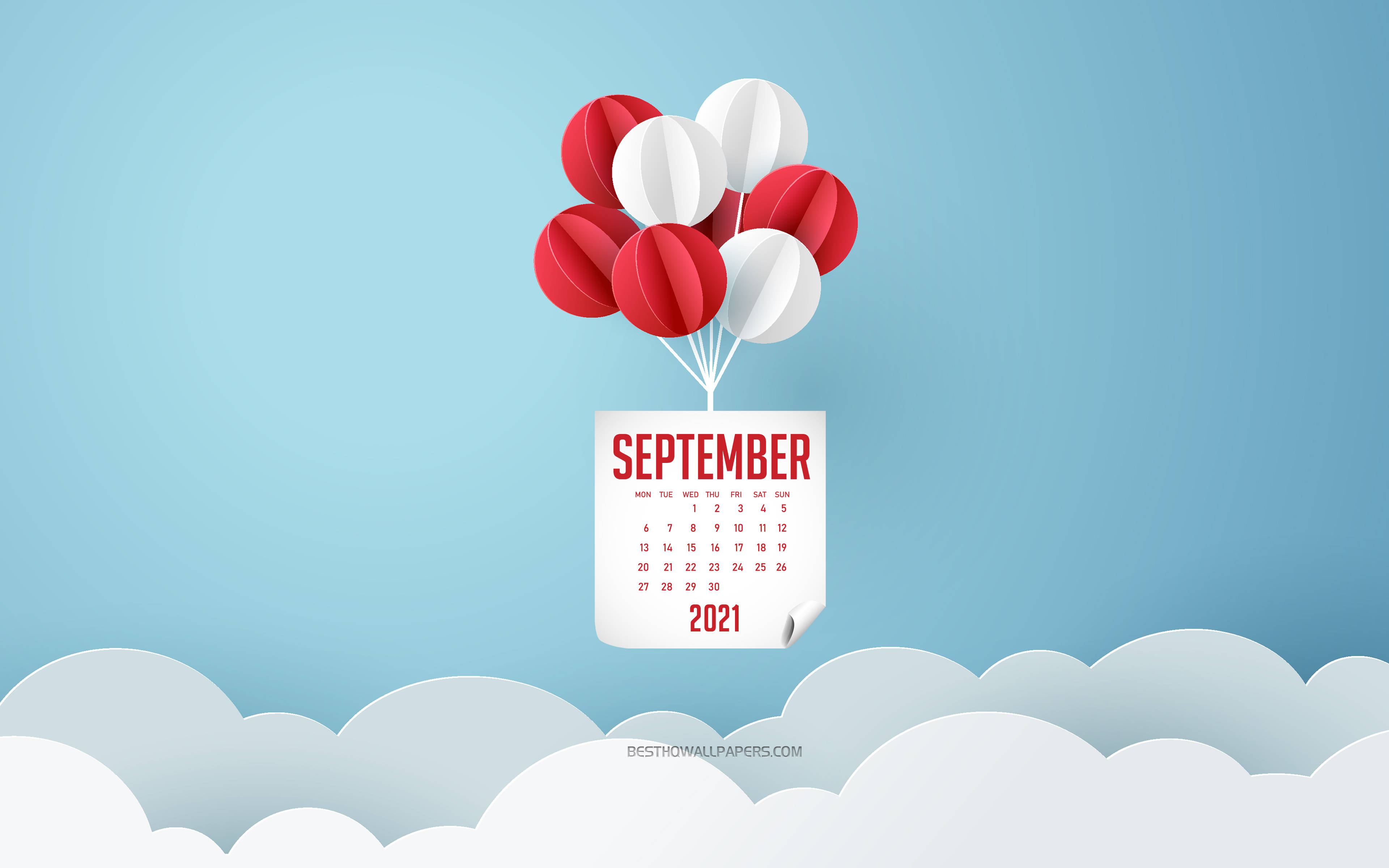 September 2021 calendar, red and white balloons, paper-cut style, 4K Desktop Wallpaper