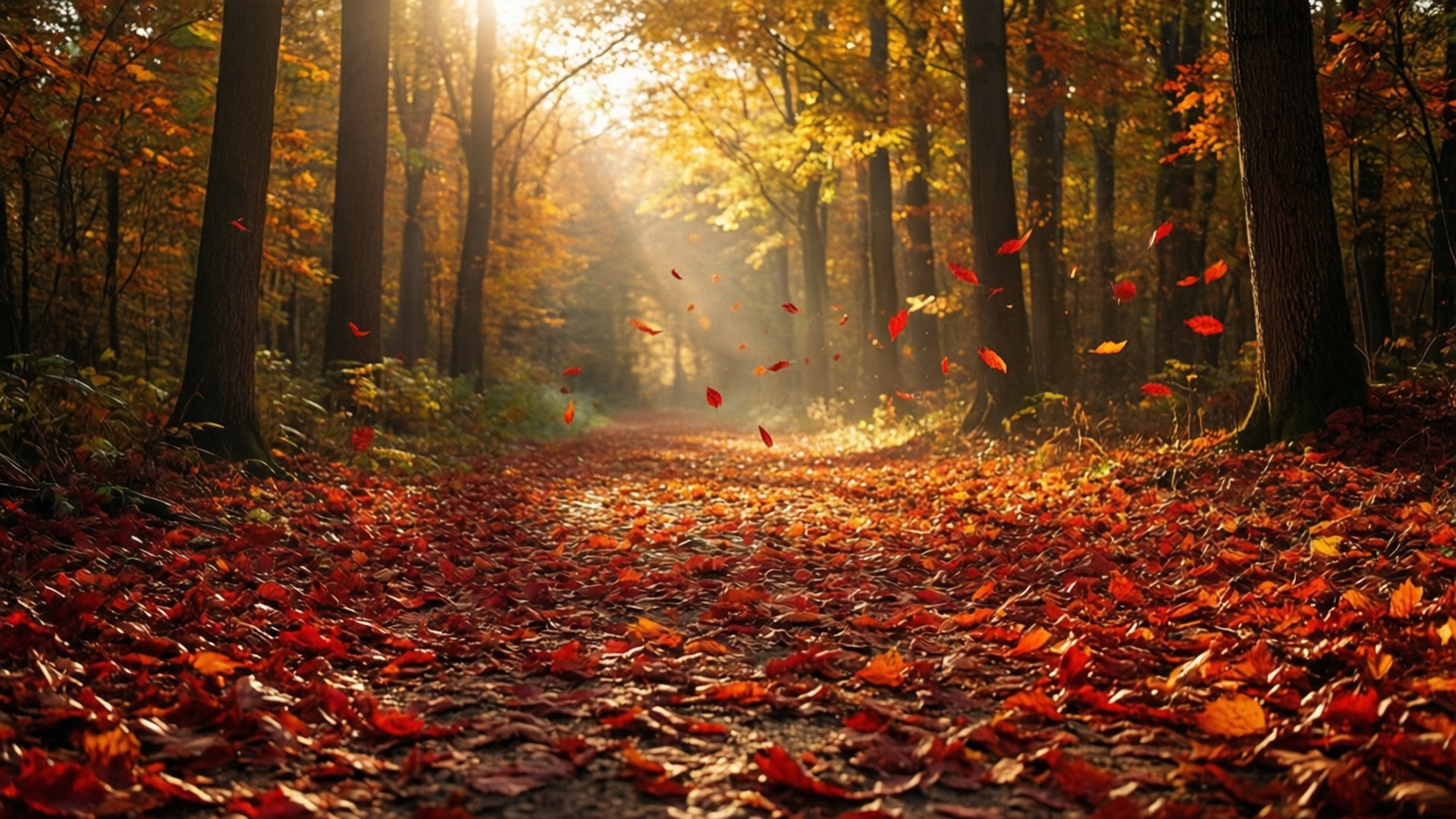 Golden Autumn Path, autumn trees, golden rays, Full HD Desktop Wallpaper
