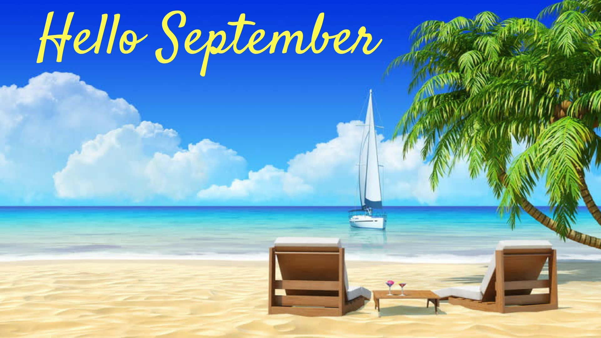 Hello September, palm tree, sailboat, Full HD Desktop Wallpaper
