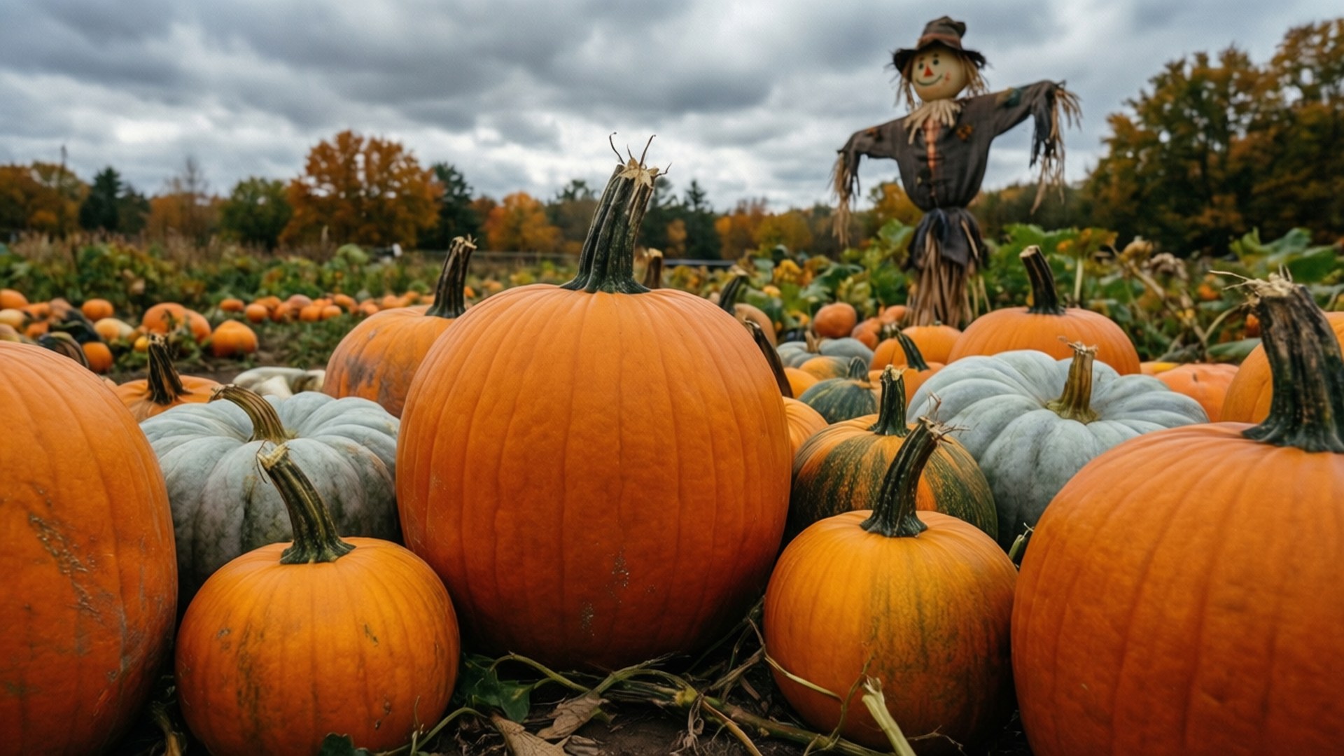 pumpkin patch, orange, pale blue, Full HD Desktop Wallpaper