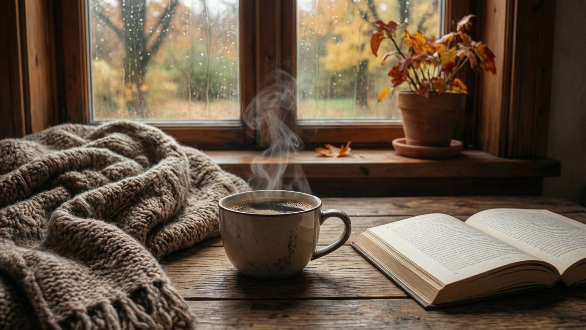 cozy september rain, steaming mug of coffee, open book, Full HD Desktop Wallpaper