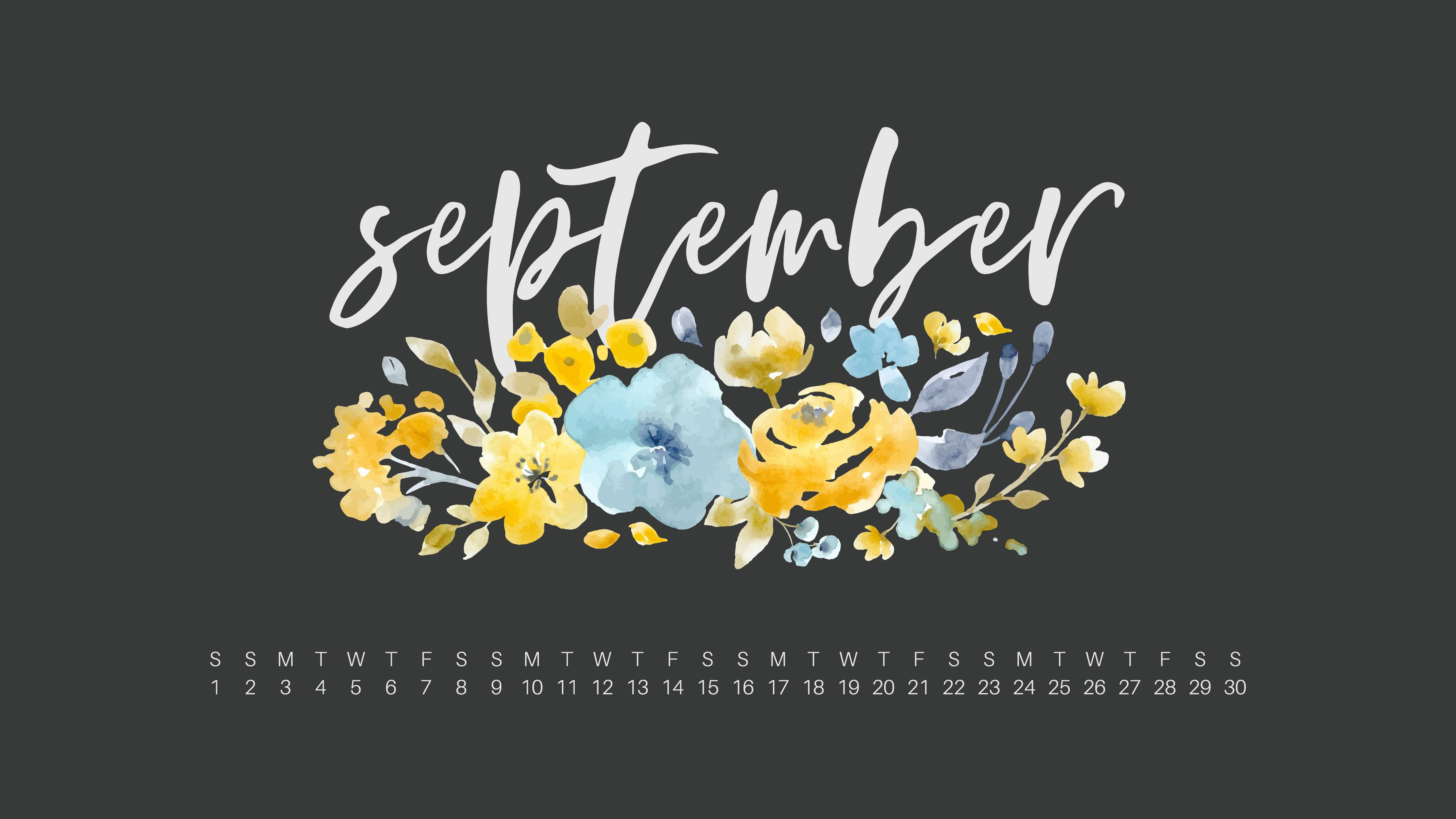 september, watercolor floral wreath, yellow and blue blooms, 5K Desktop Wallpaper
