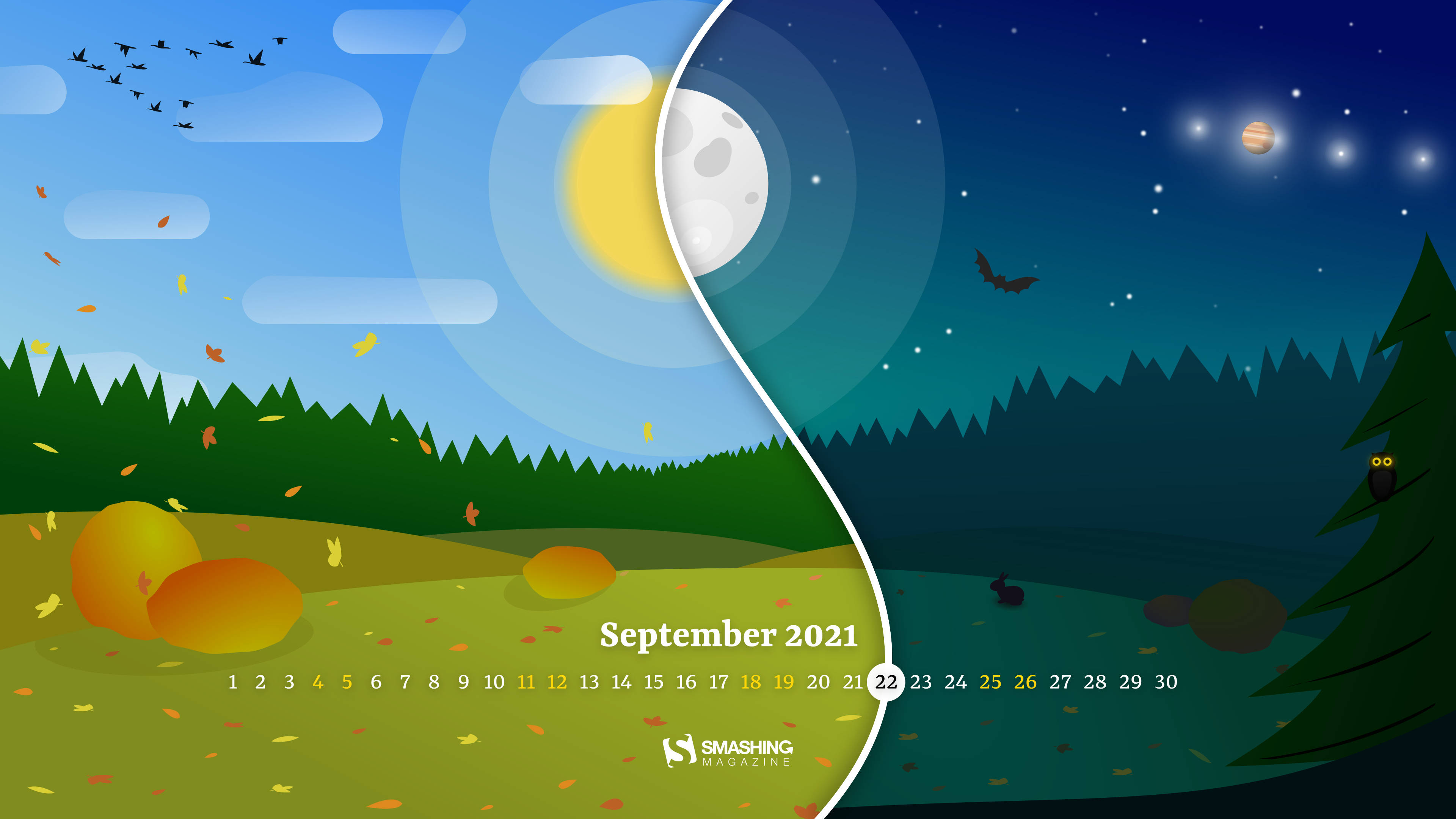 2021 calendar, autumn leaves, sunlit sky, 4K Desktop Wallpaper