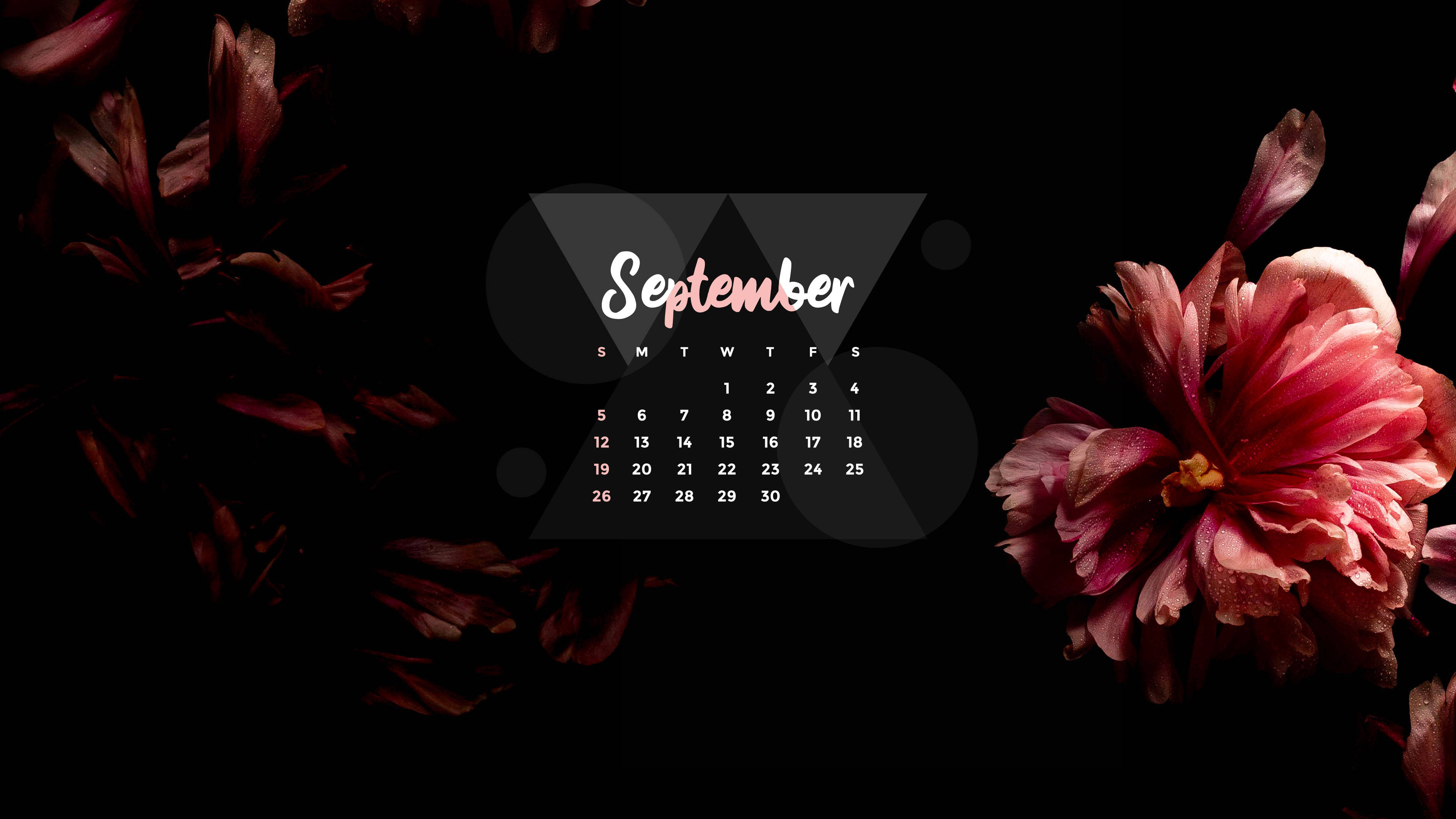 September 2021 Flower Calendar, white script, dark geometric shapes, 4K Desktop Wallpaper