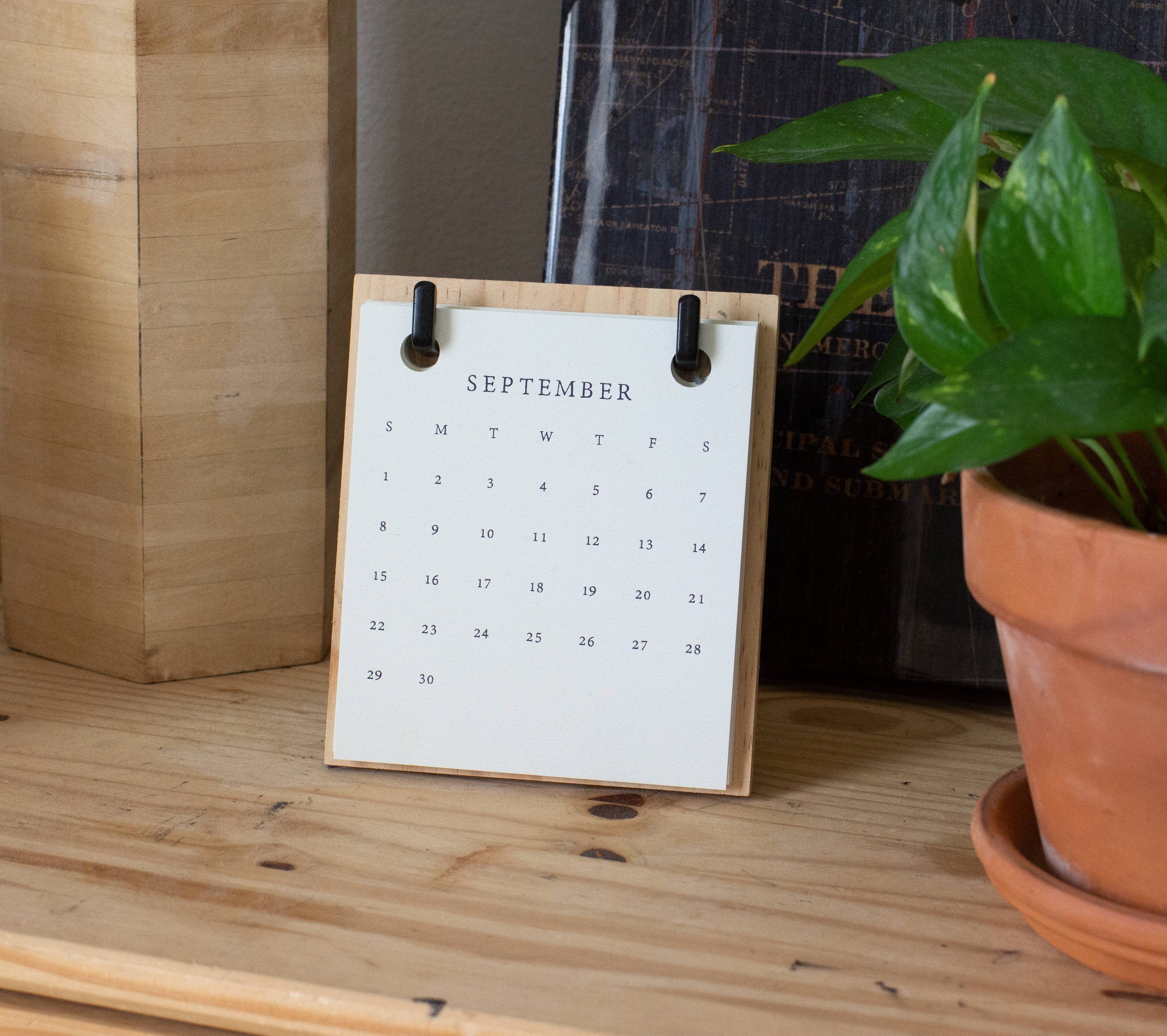 September, wooden desk calendar, pothos plant, 2K Desktop Wallpaper