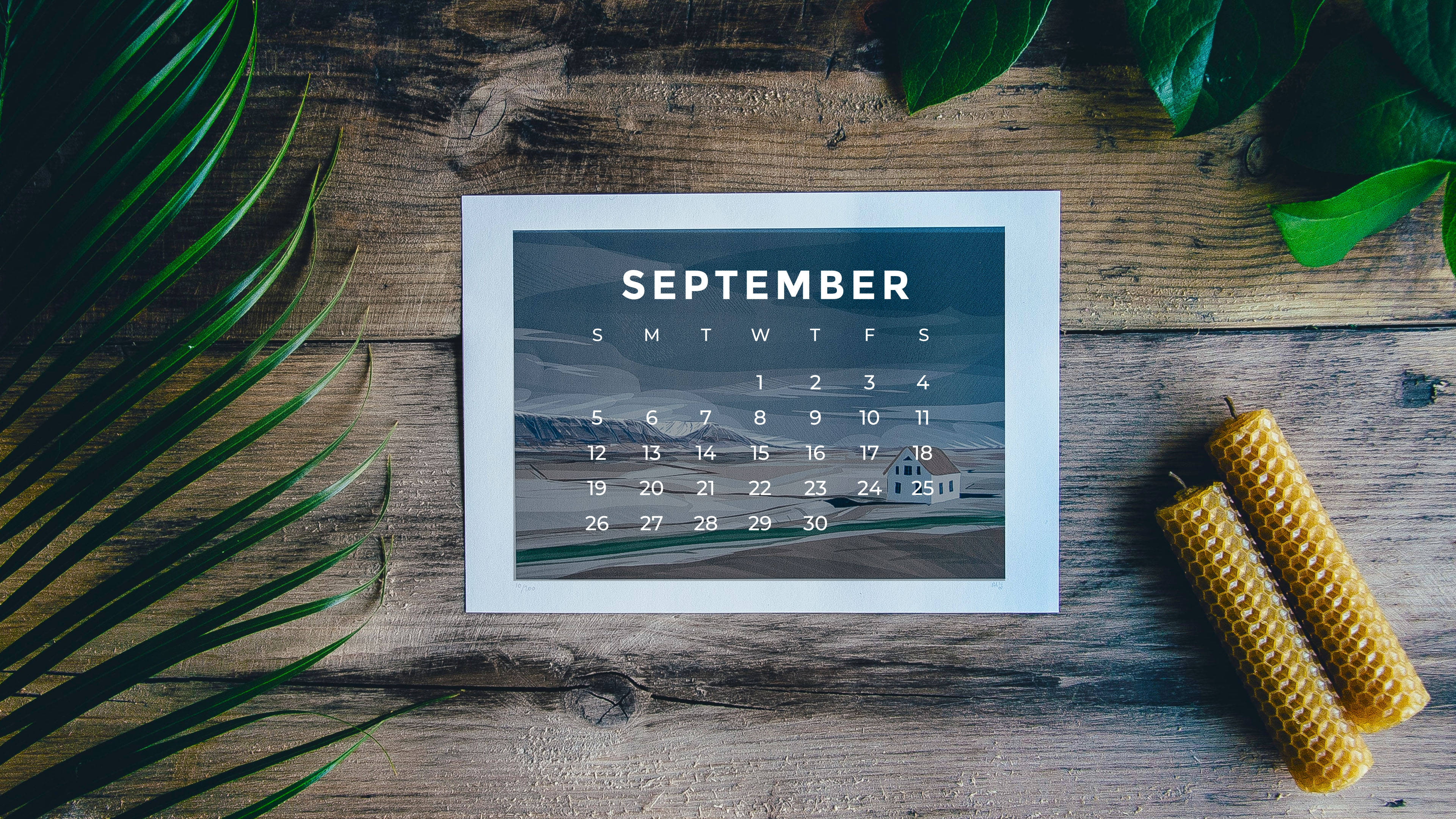 September 2021 Calendar, snowy mountain scene, rustic wooden table, 4K Desktop Wallpaper