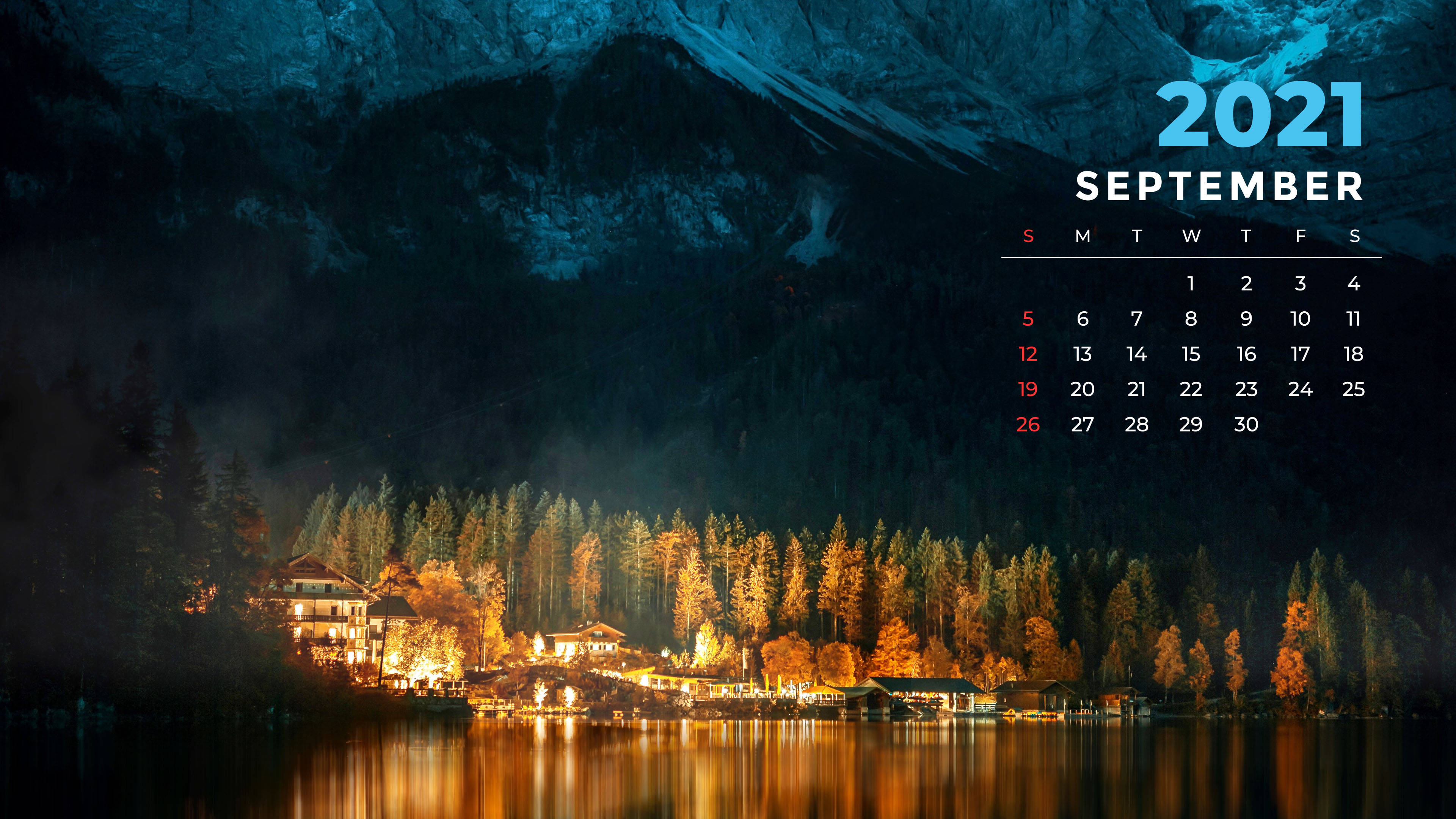 September 2021 Nature Calendar, lakeside village, autumn trees, 4K Desktop Wallpaper