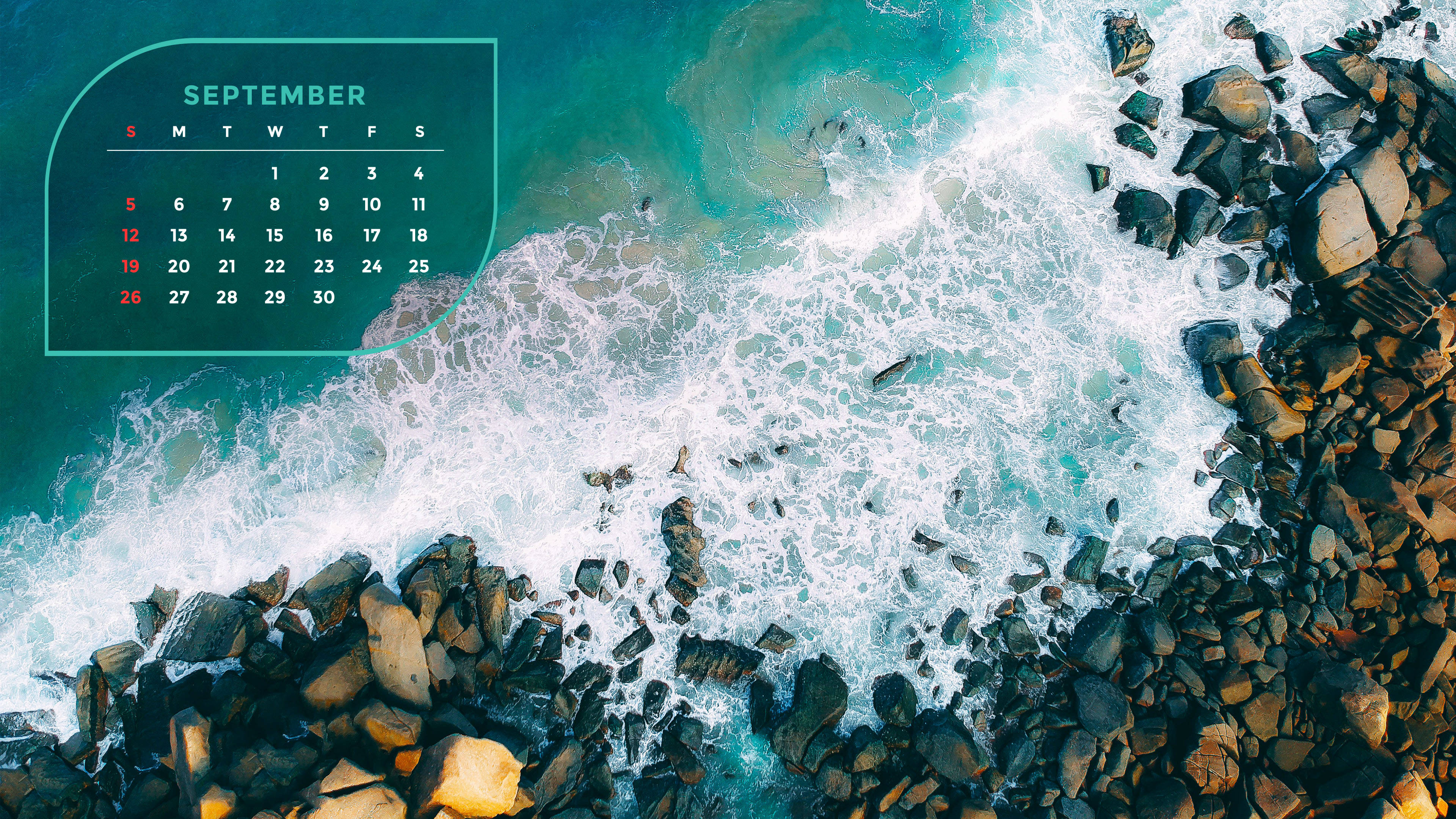 September 2021, Rocky Shore Calendar, turquoise waves, 4K Desktop Wallpaper