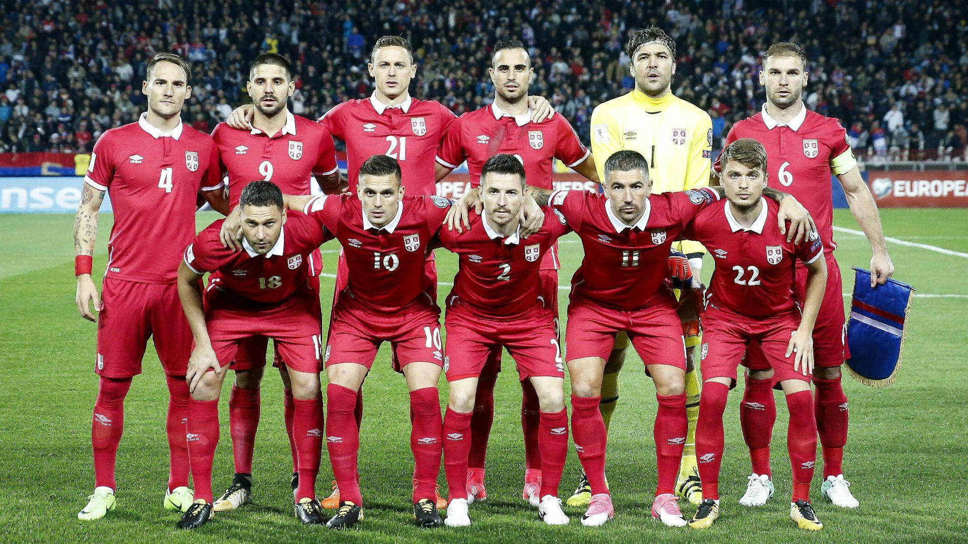 Serbia National Football Team, red kits, green stadium pitch, Full HD Desktop Wallpaper