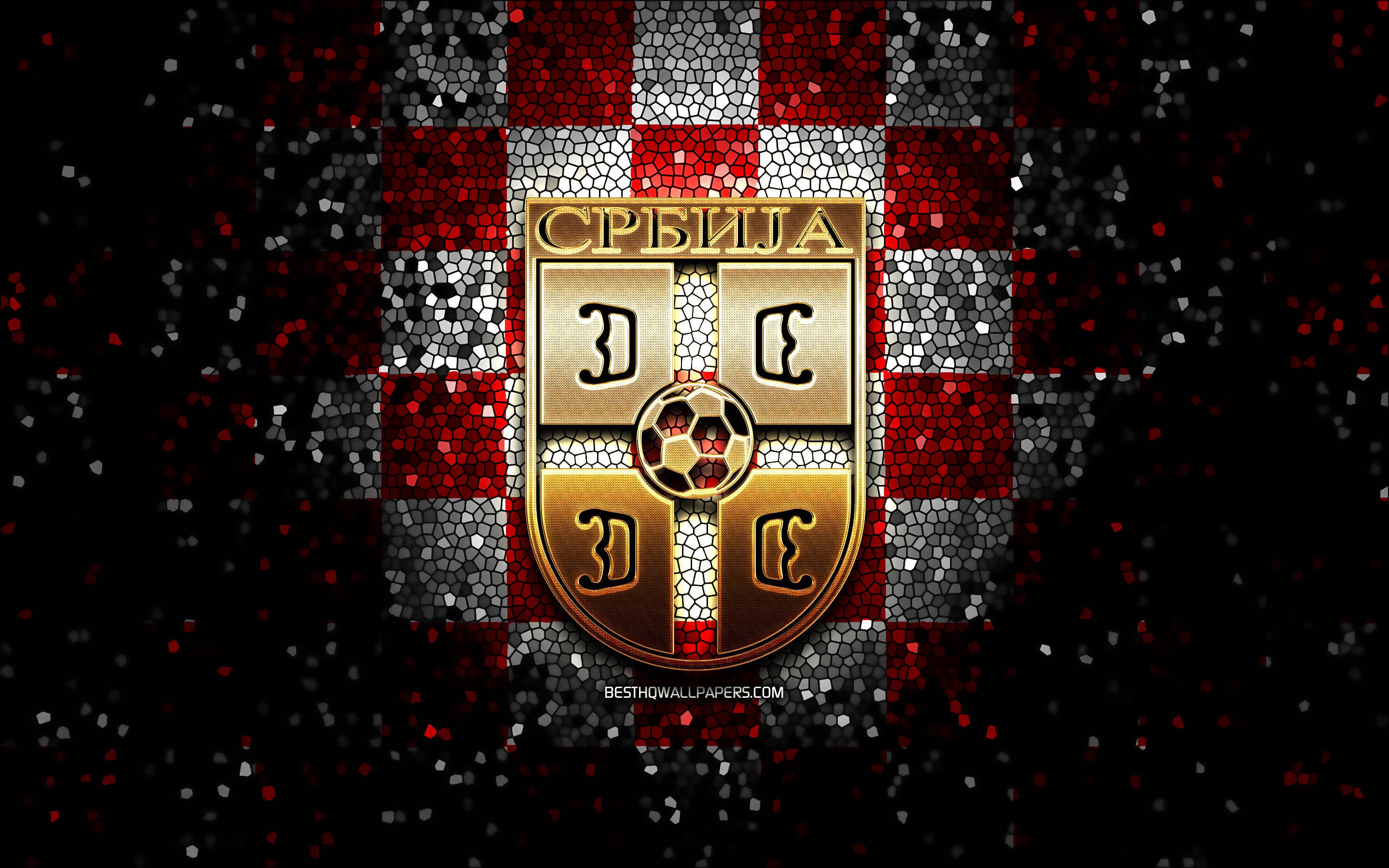 Serbia National Football Team, golden mosaic, red white checkered mosaic background, 2K Desktop Wallpaper