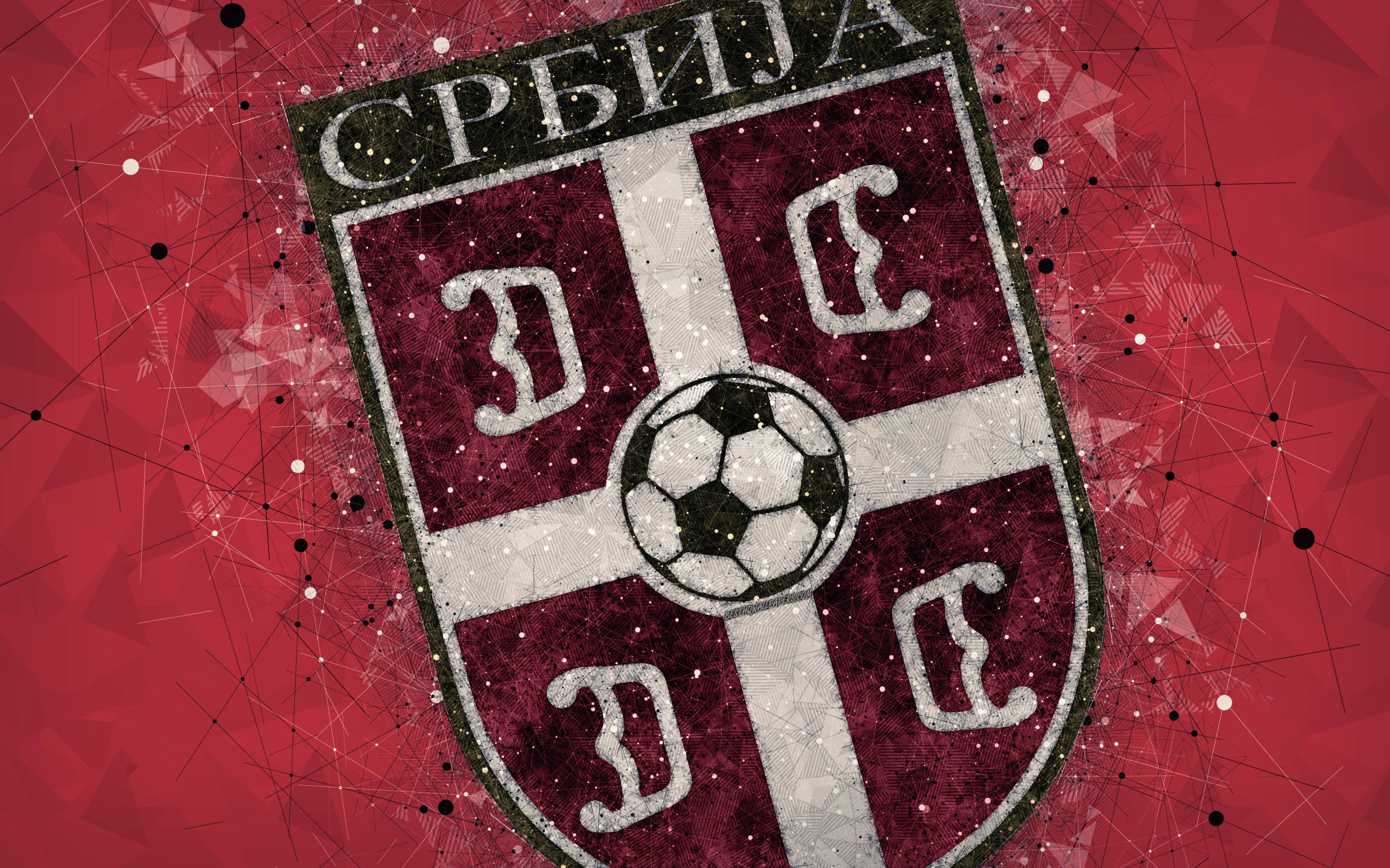 Serbia National Football Team, soccer ball, vibrant red geometric background, 4K Desktop Wallpaper