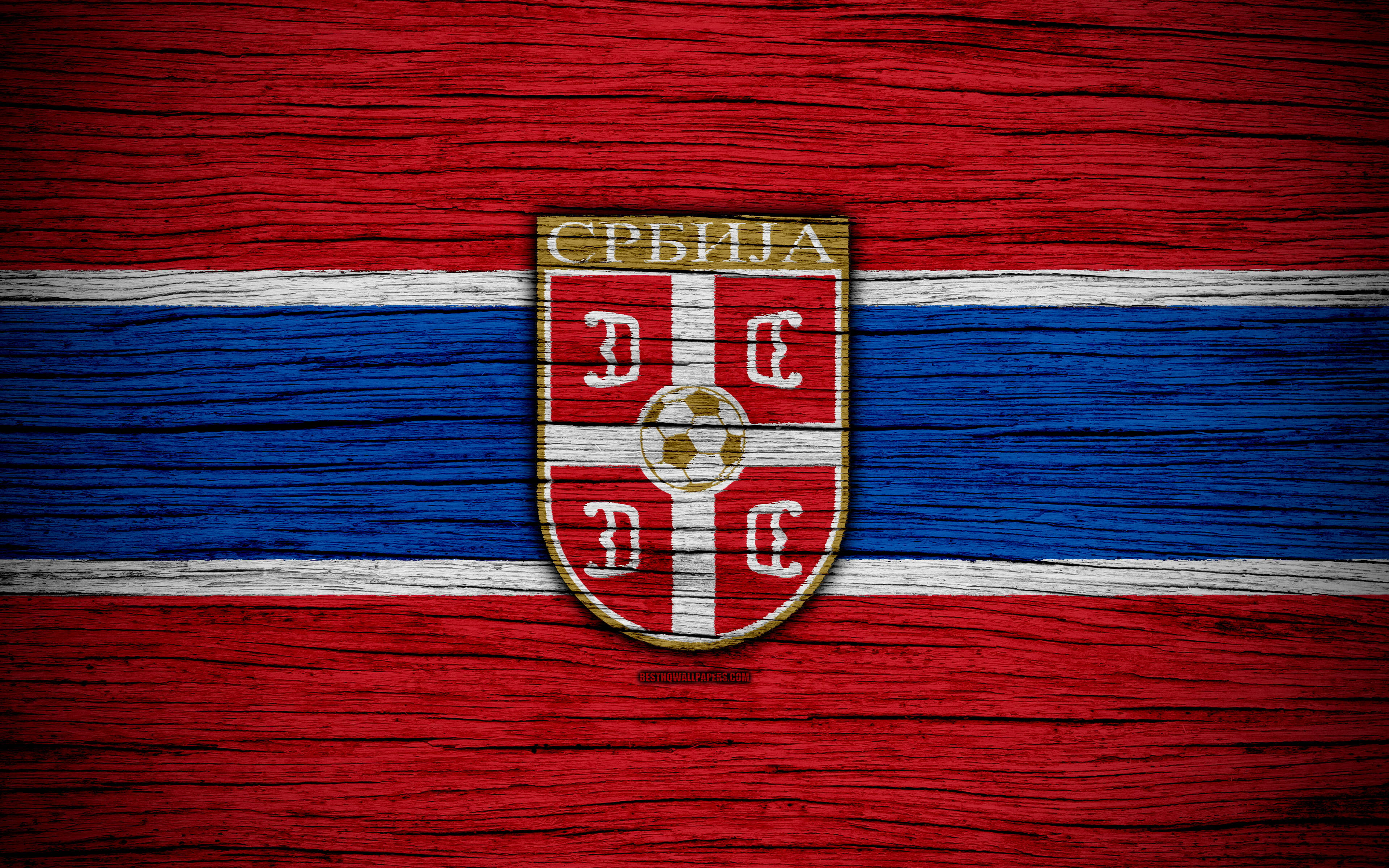 Serbia National Football Team, crest, weathered wooden planks, 4K Desktop Wallpaper