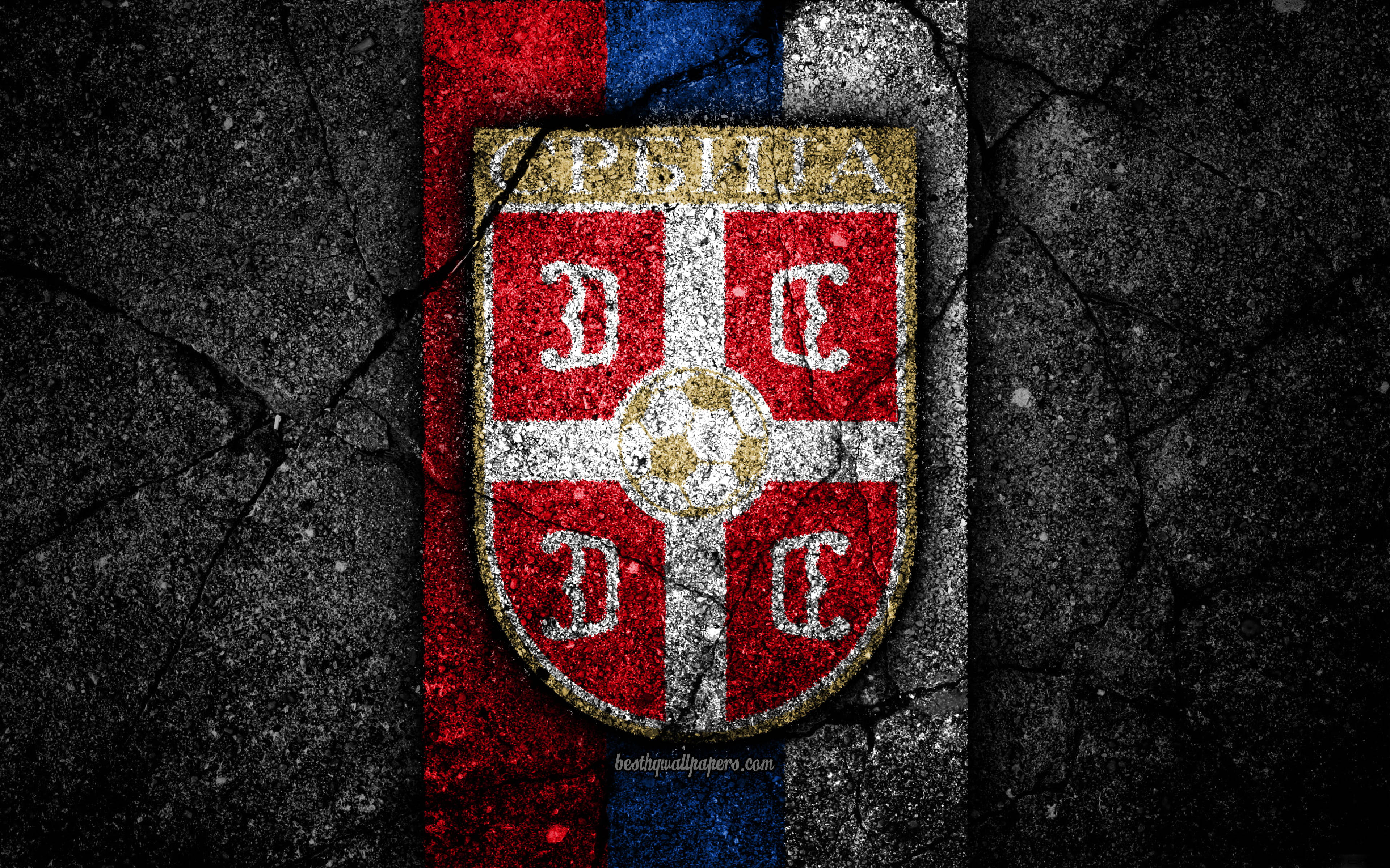 Serbia National Football Team, cracked concrete, red white and blue vertical stripes, 4K Desktop Wallpaper