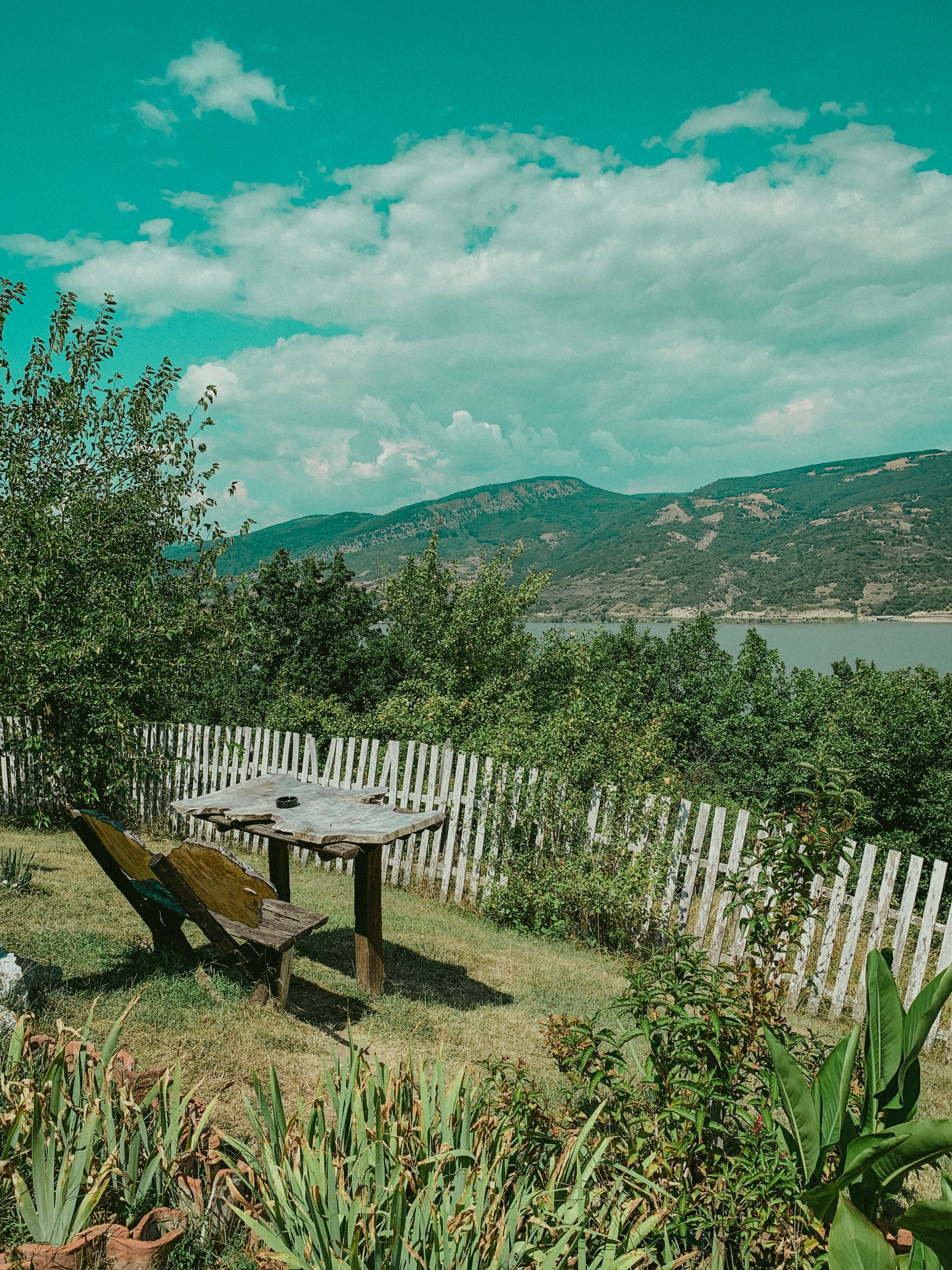 Serbia, mountain view, rustic wooden table, 4K Phone Wallpaper
