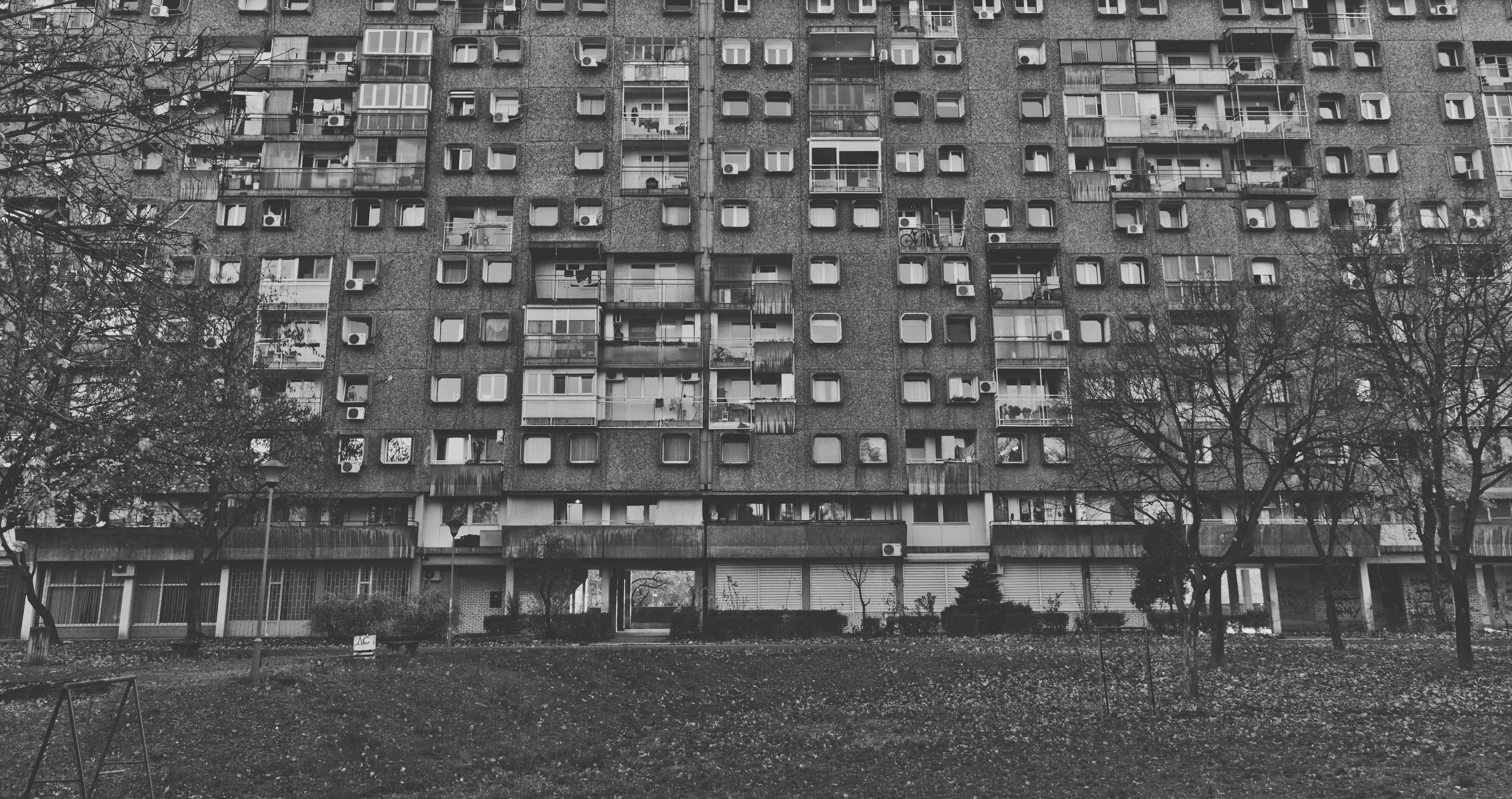 black and white dormitory serbia, monochrome apartment block, countless windows, 4K Desktop Wallpaper
