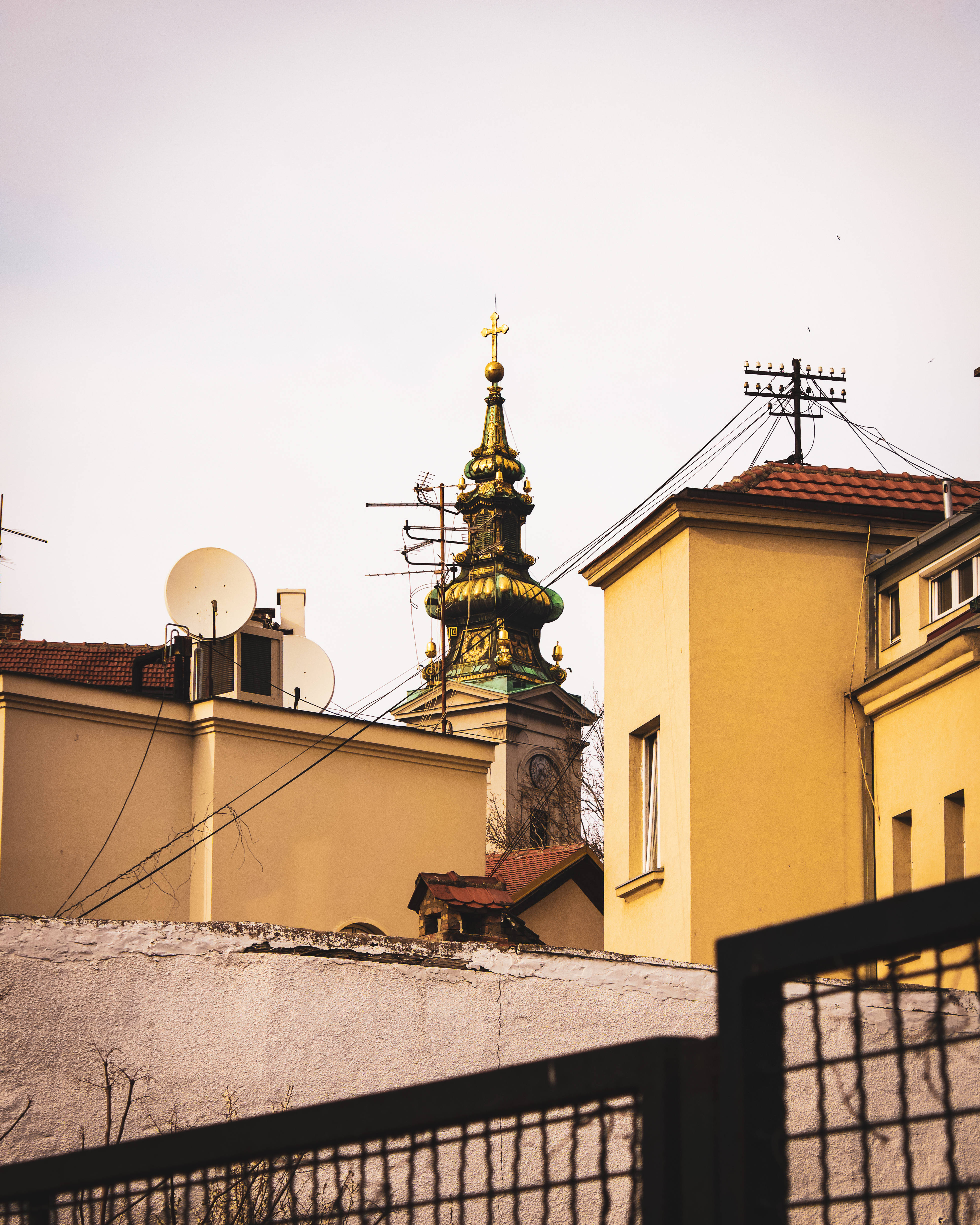 church in serbia, golden church spire, yellow buildings, 4K Phone Wallpaper