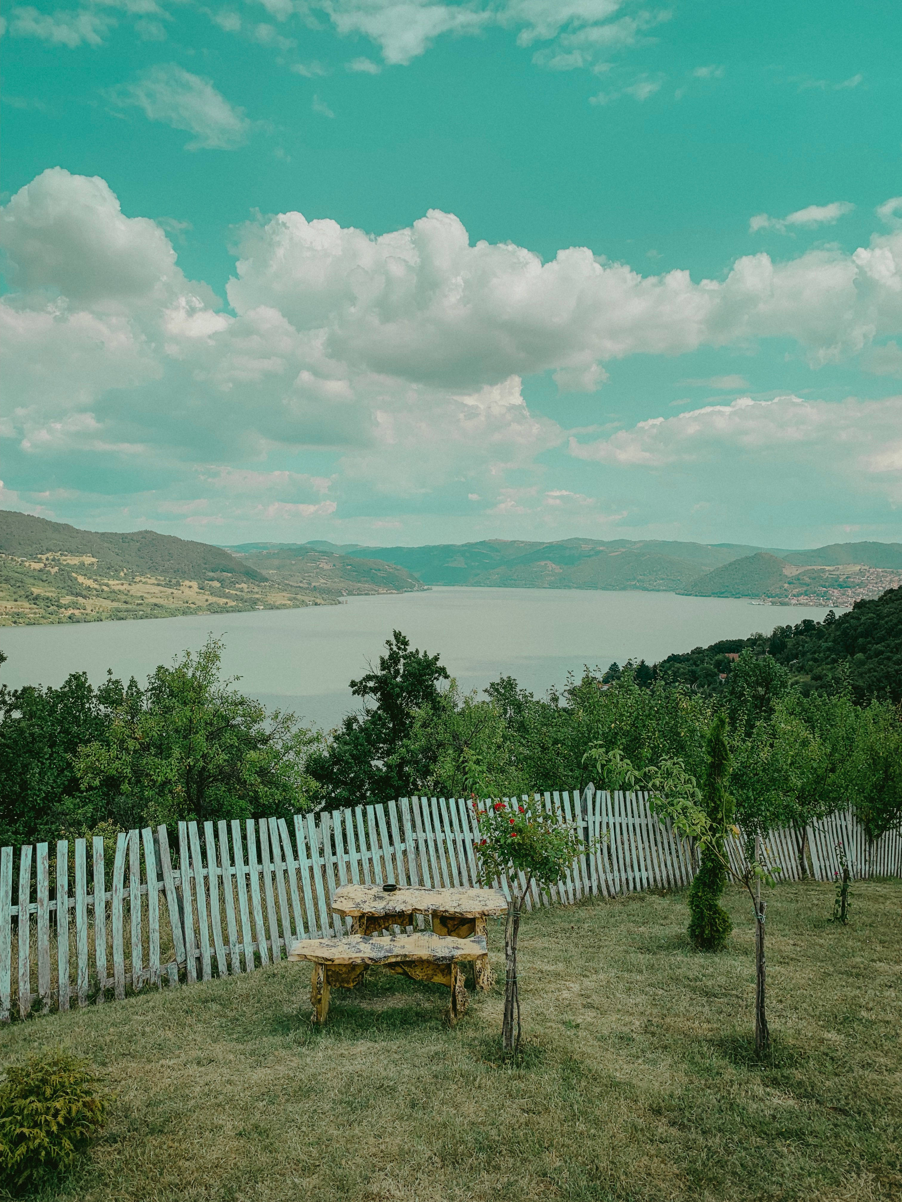 Serbia, river view, rustic stone picnic table, 4K Phone Wallpaper