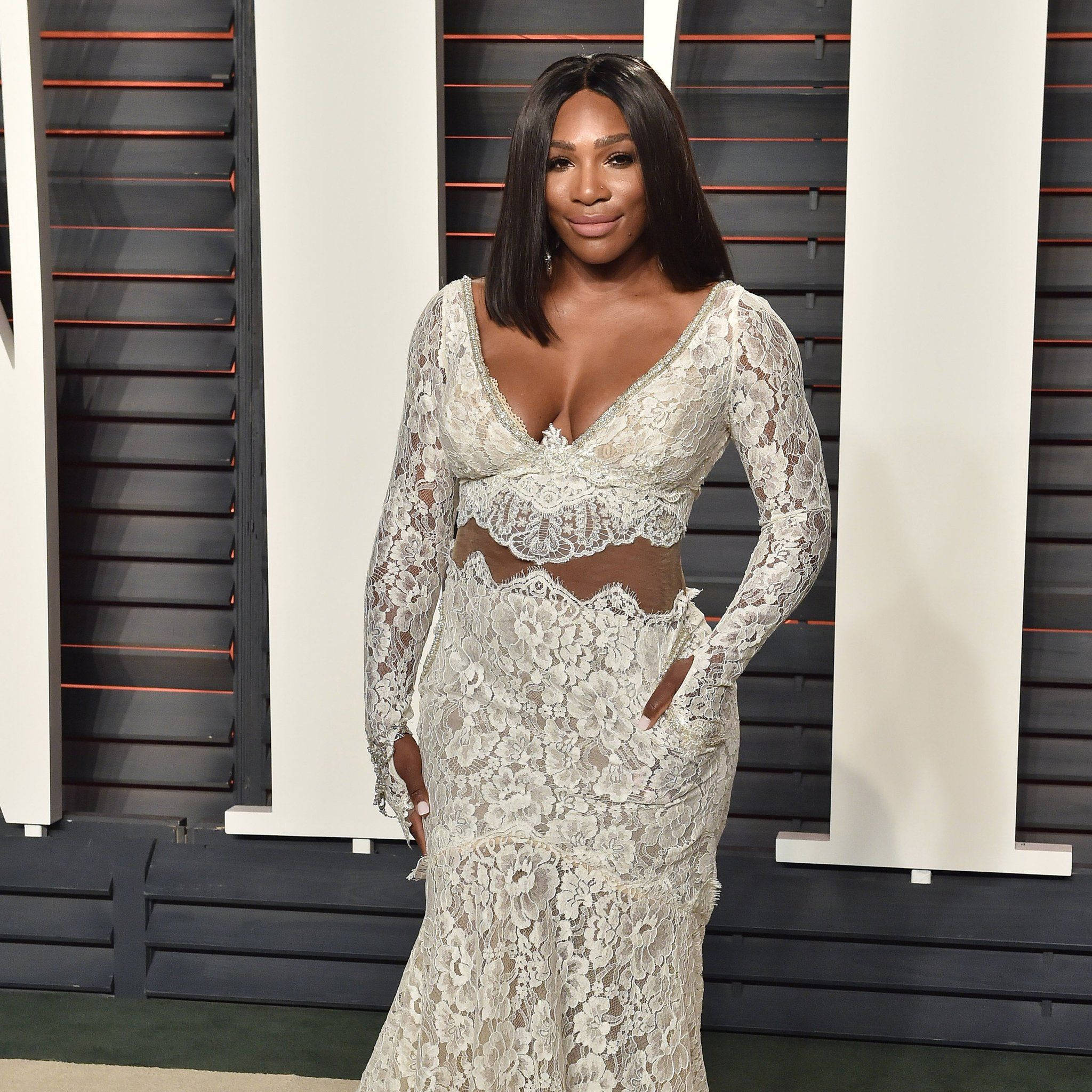 Serena Williams, white lace two-piece gown, glamorous event, Full HD Desktop Wallpaper