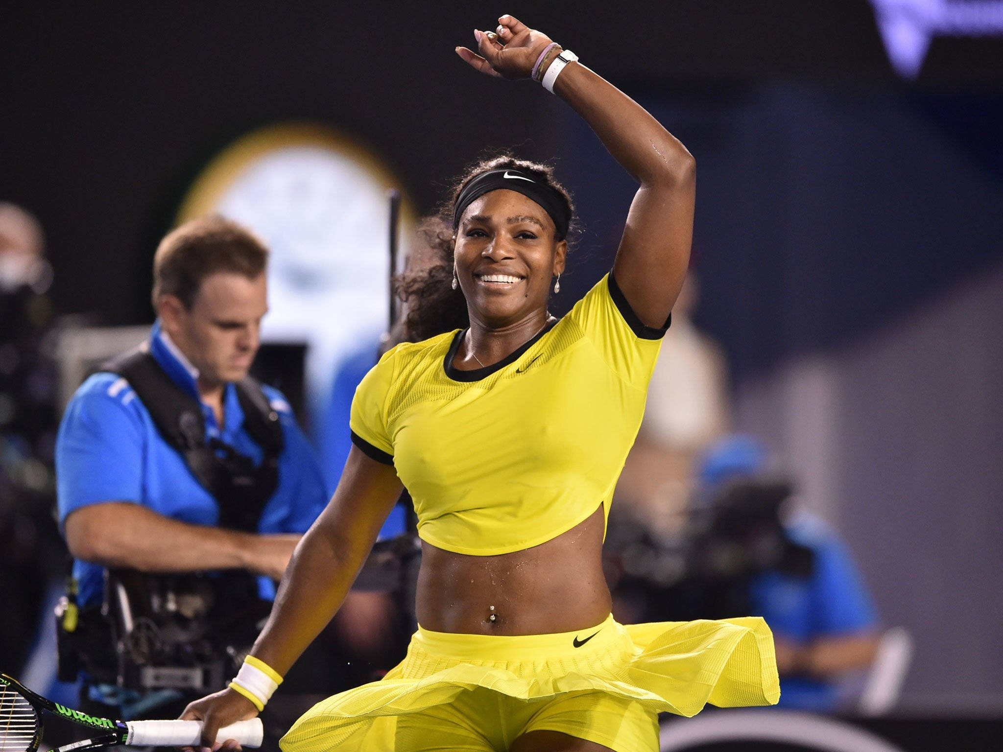 Serena Williams, yellow tennis outfit, stadium lights, Full HD Desktop Wallpaper