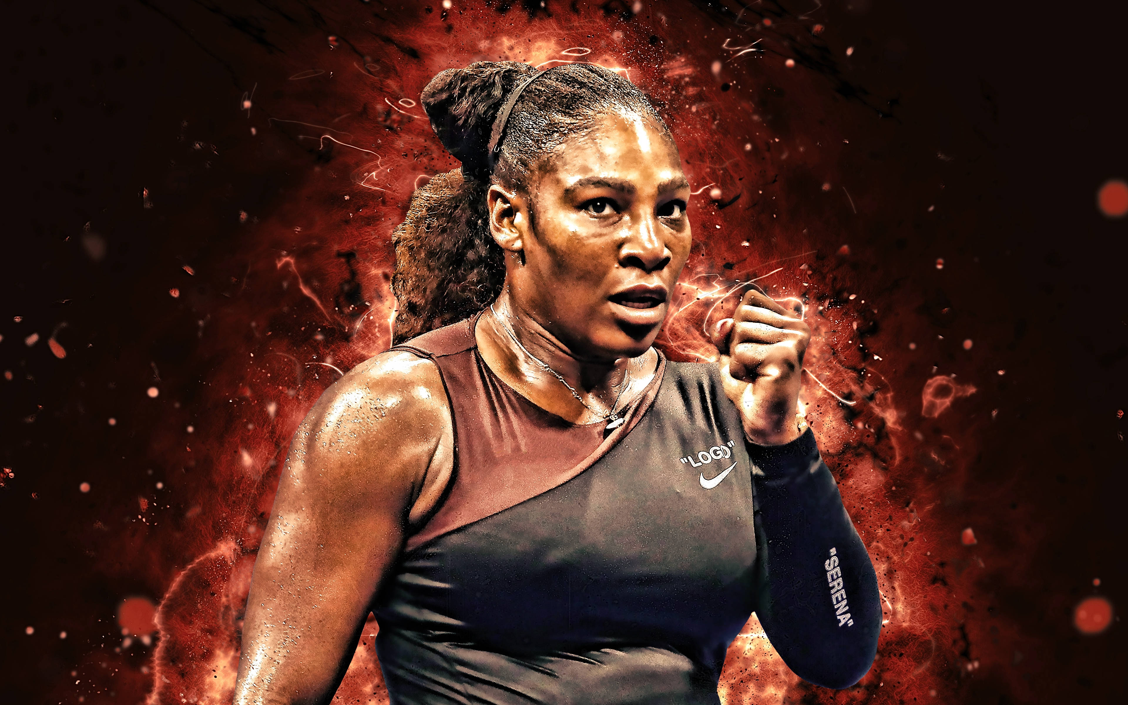 Serena Williams, athletic gear, fiery red explosive background, 4K Desktop Wallpaper