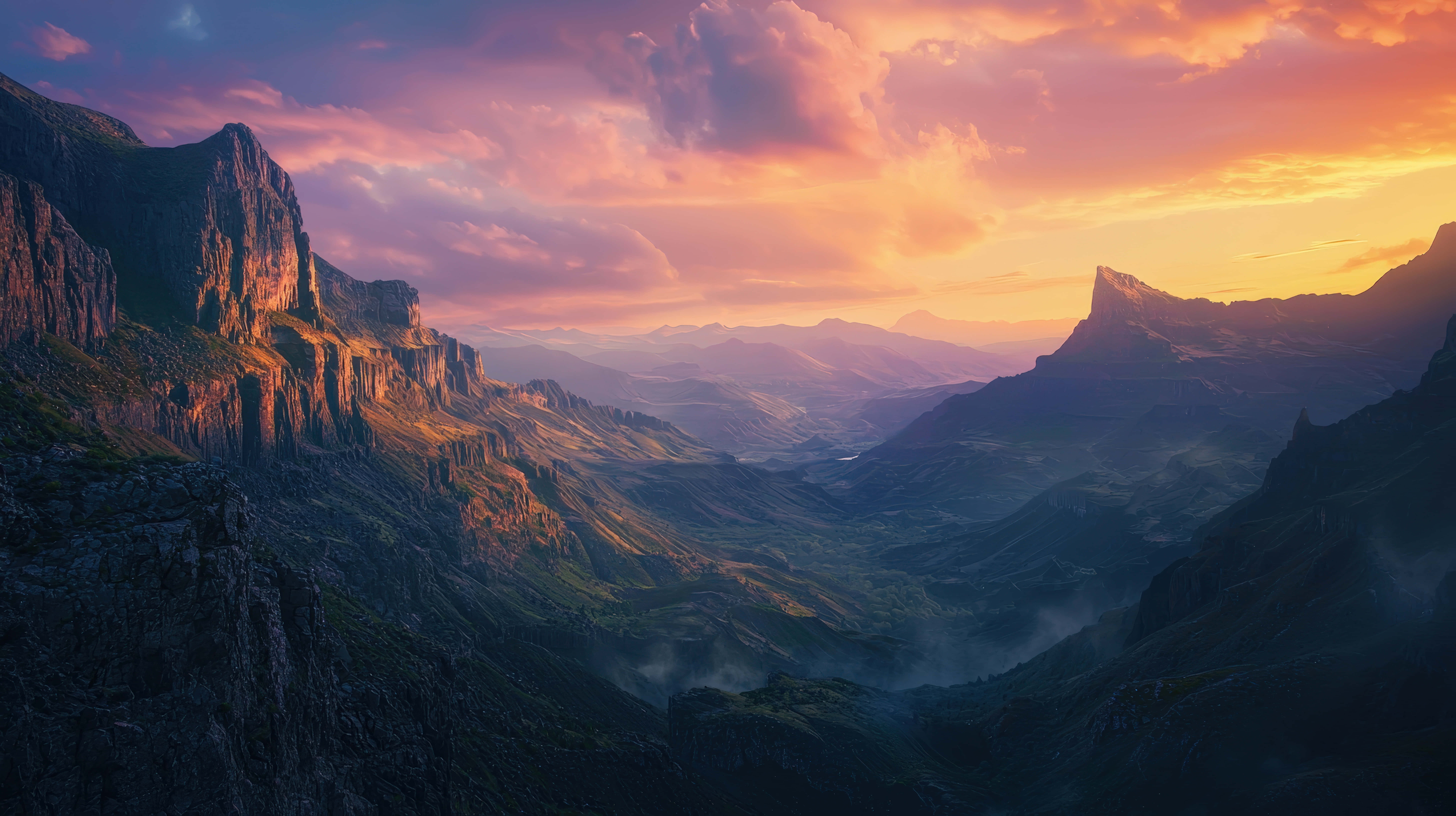 mountain valley, dramatic cliffs, sunset glow, 8K Desktop Wallpaper