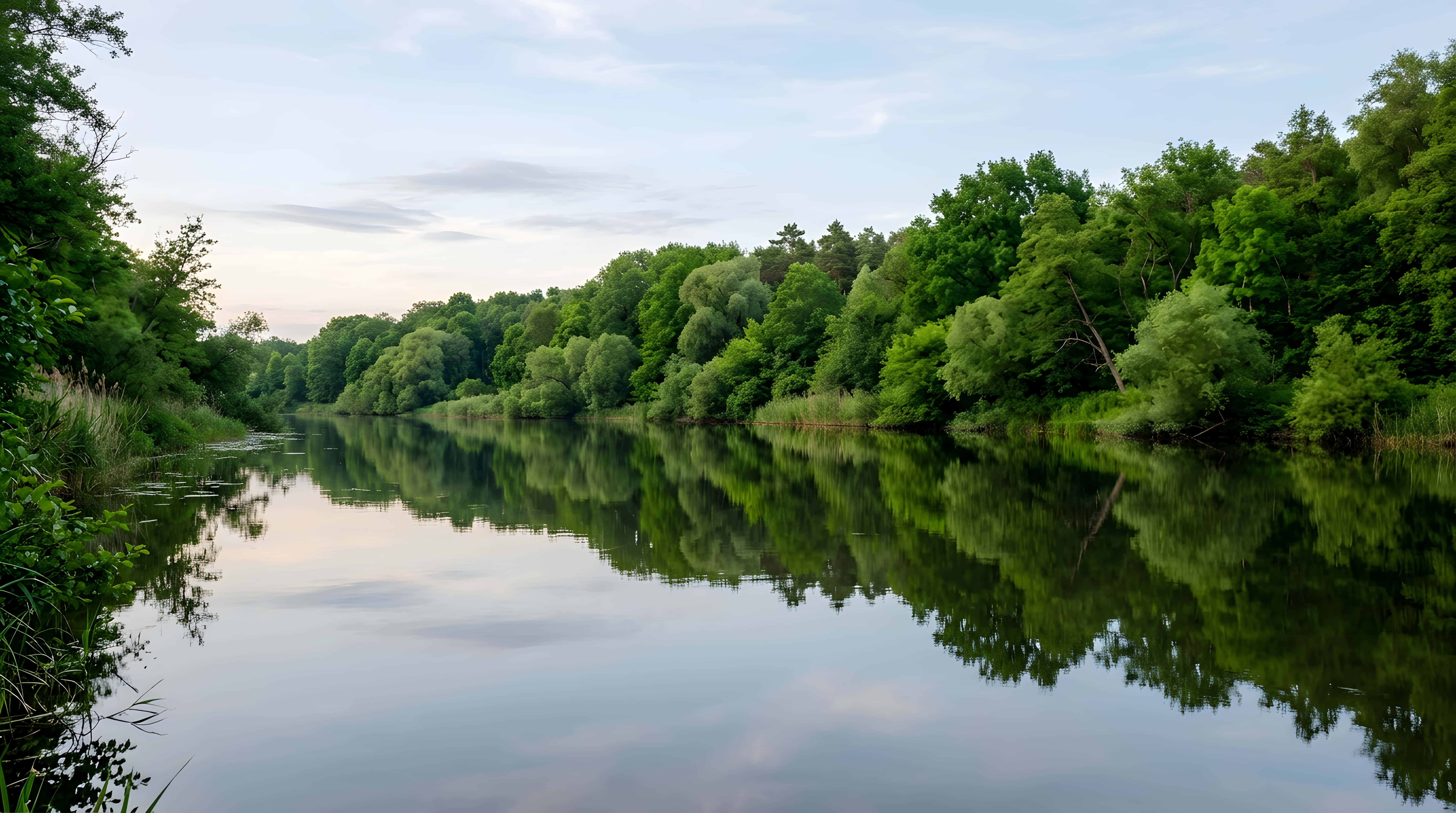 serene river, lush green trees, soft blue sky, 5K Desktop Wallpaper