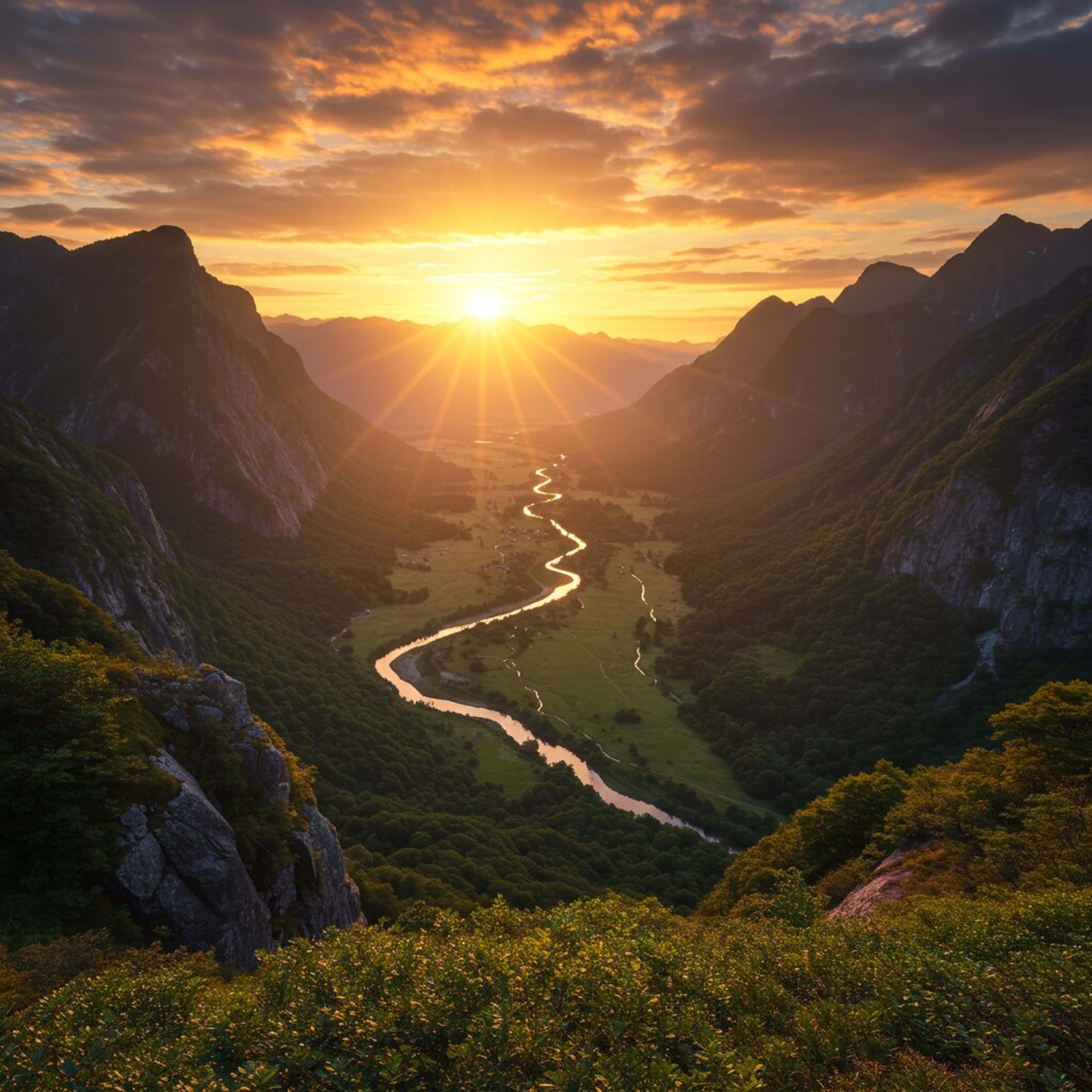 sunset, mountains, winding river, 4K Desktop Wallpaper