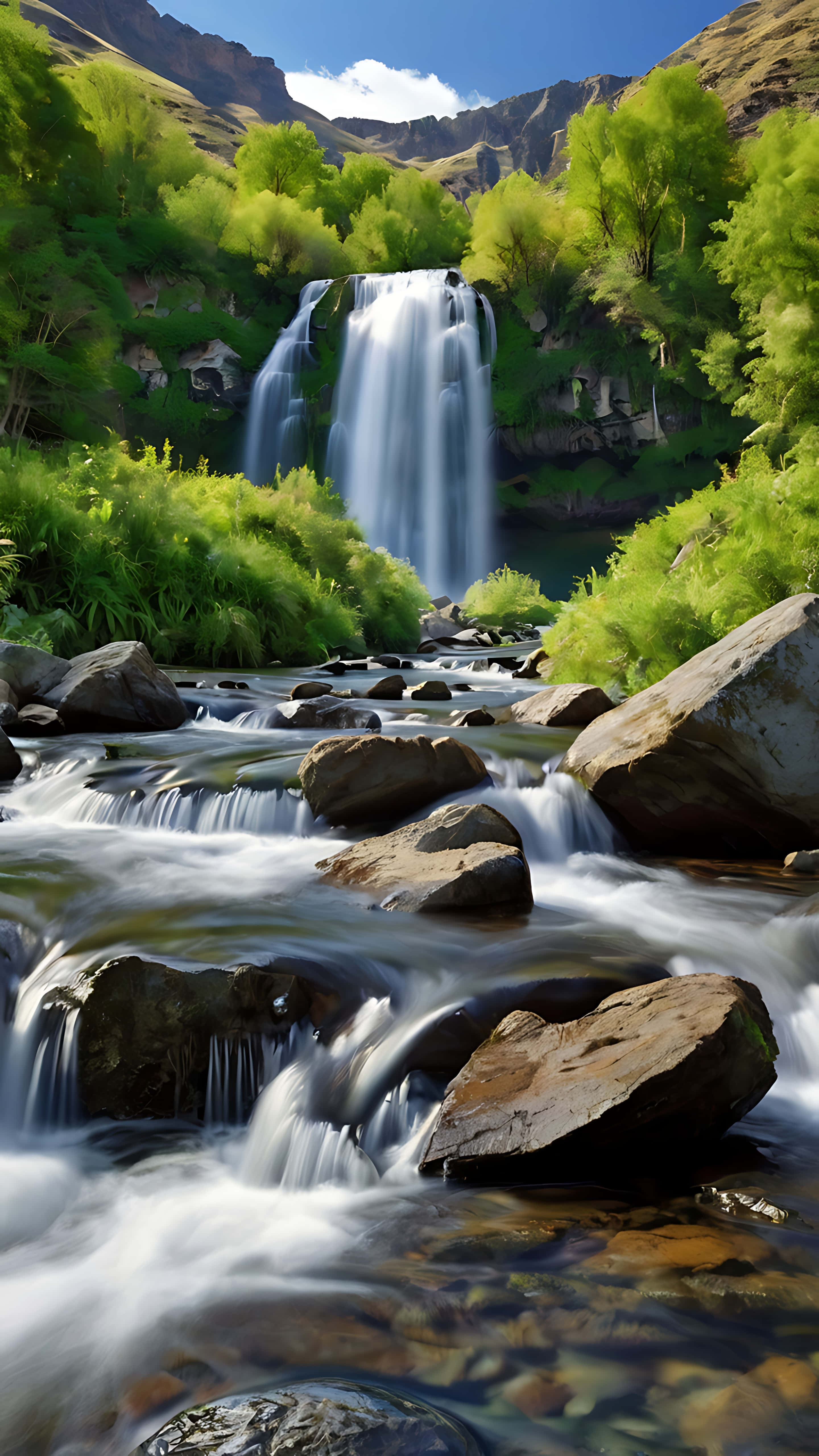 picturesque waterfall, river symphony, lush green forests, 5K Phone Wallpaper