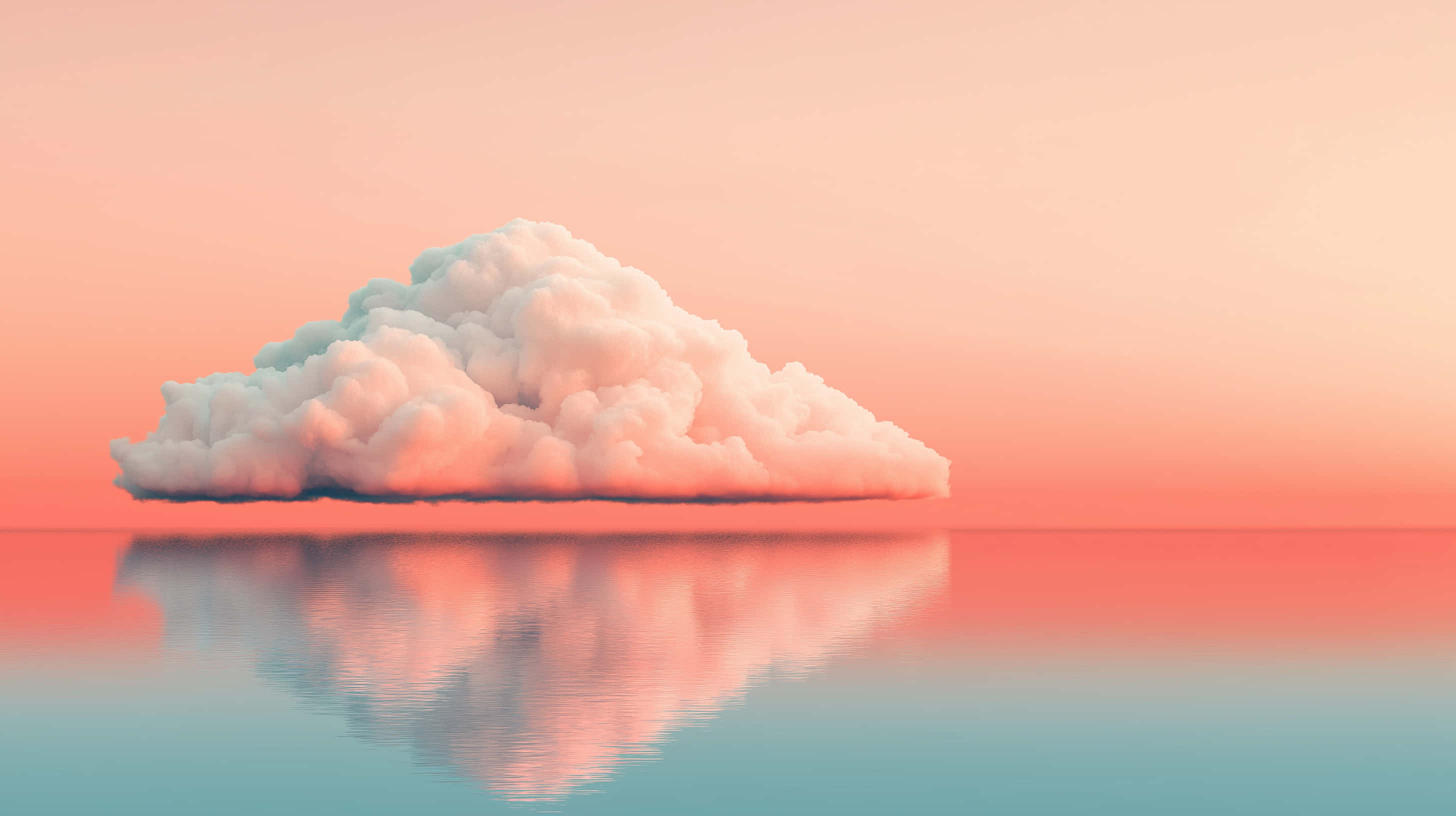 fluffy cloud, calm water surface, soft pink and teal hues, 2K Desktop Wallpaper