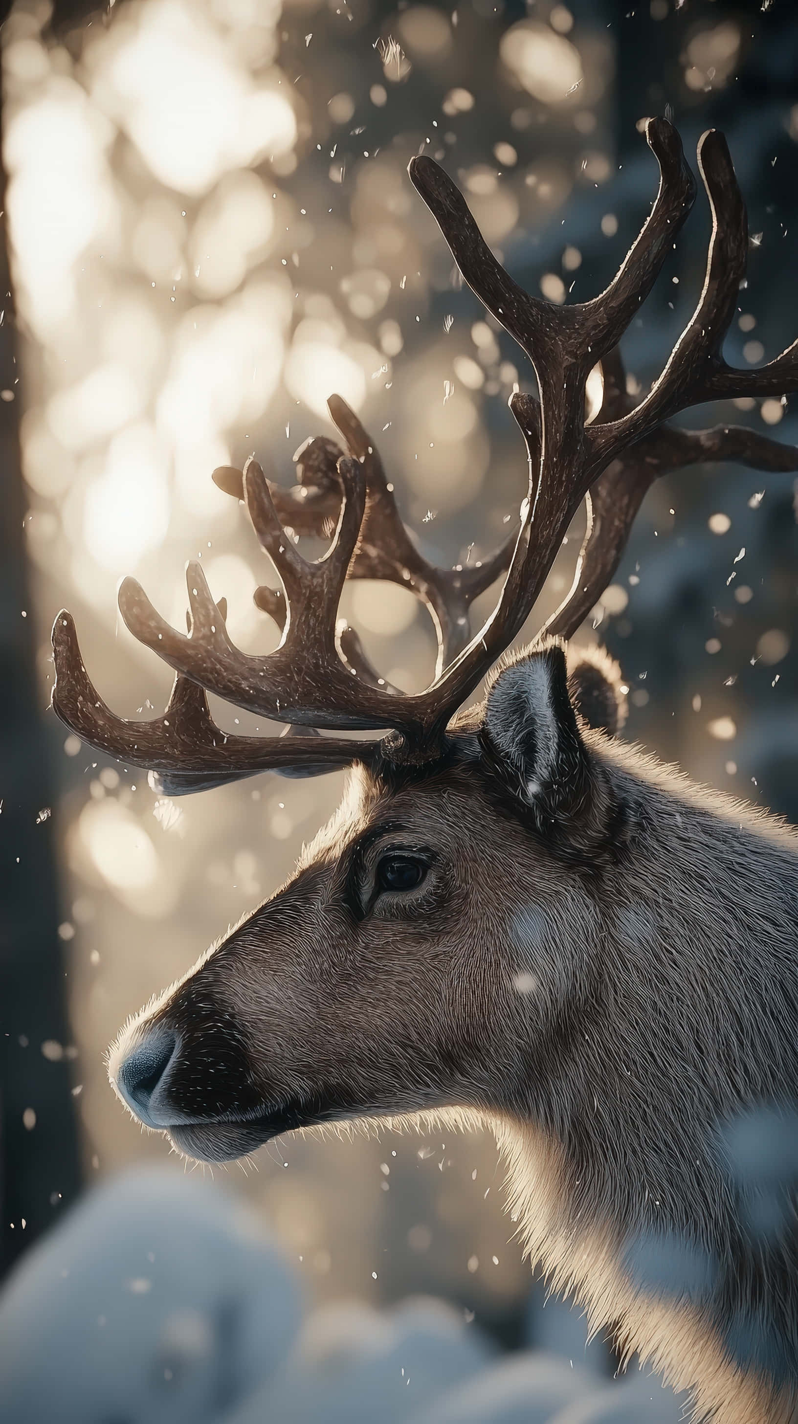majestic reindeer, snowy winter forest, golden sunlight, 2K Phone Wallpaper