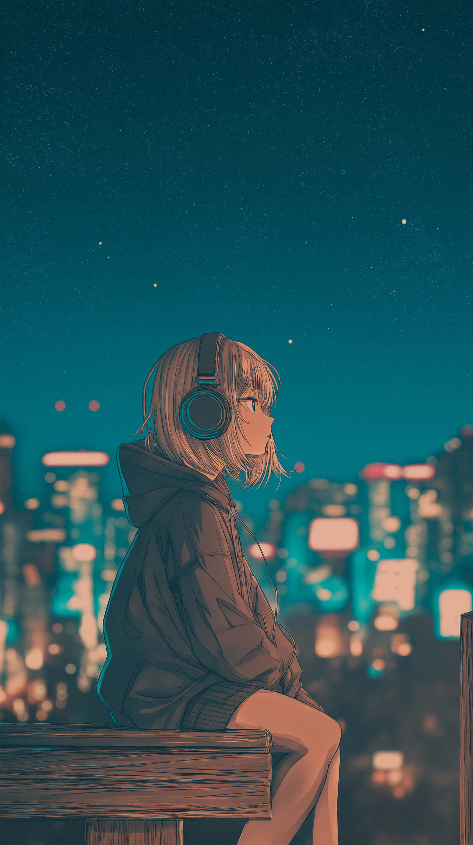 anime girl, wooden bench, glowing cityscape, 2K Phone Wallpaper