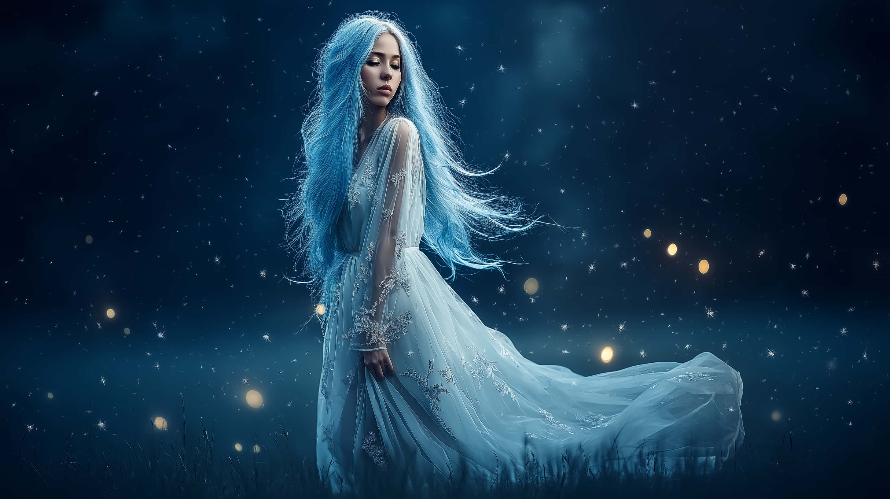 flowing blue hair, white gown, starry night field, 2K Desktop Wallpaper