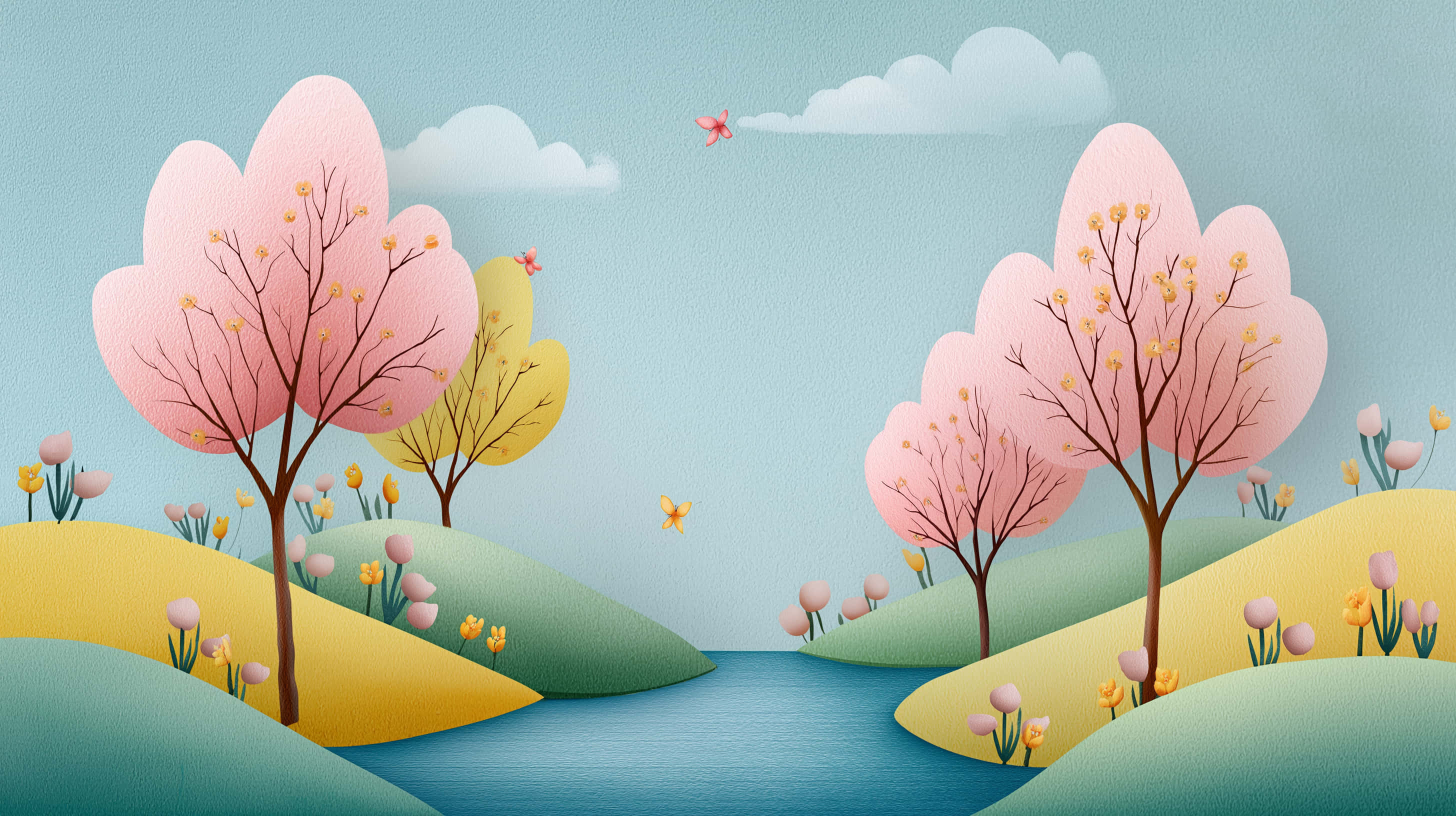 pastel pink cherry trees, rolling hills, calm blue river, 2K Desktop Wallpaper