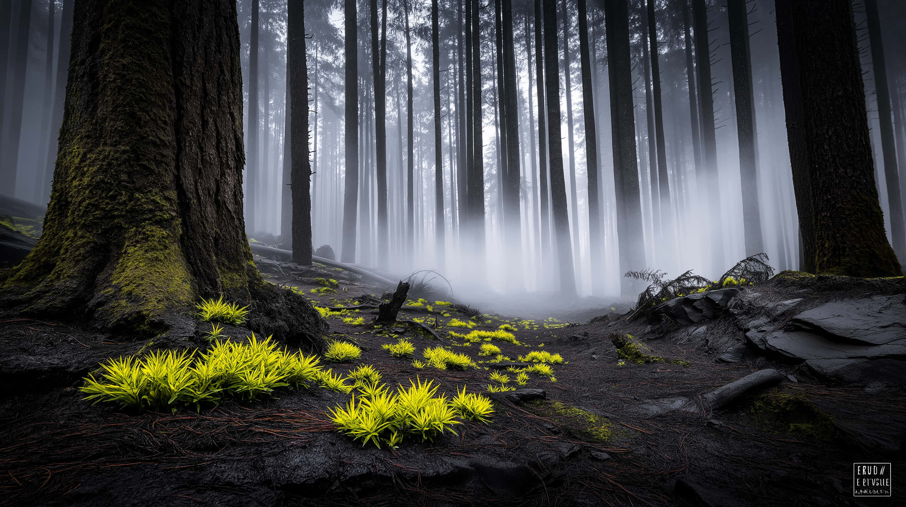 misty forest floor, glowing yellow plants, mossy tree trunks, 2K Desktop Wallpaper