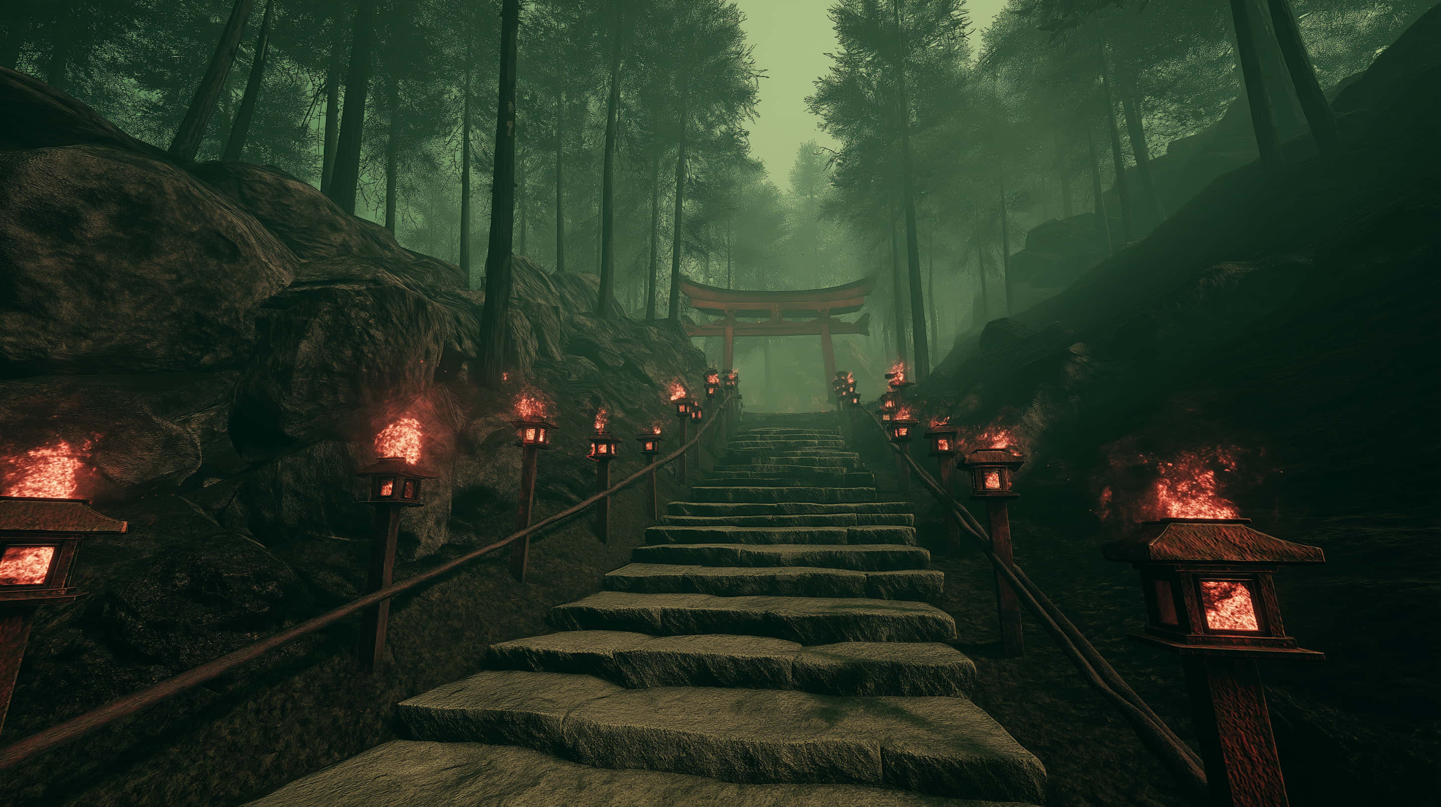 mystical forest path, stone lanterns, shrine, 2K Desktop Wallpaper