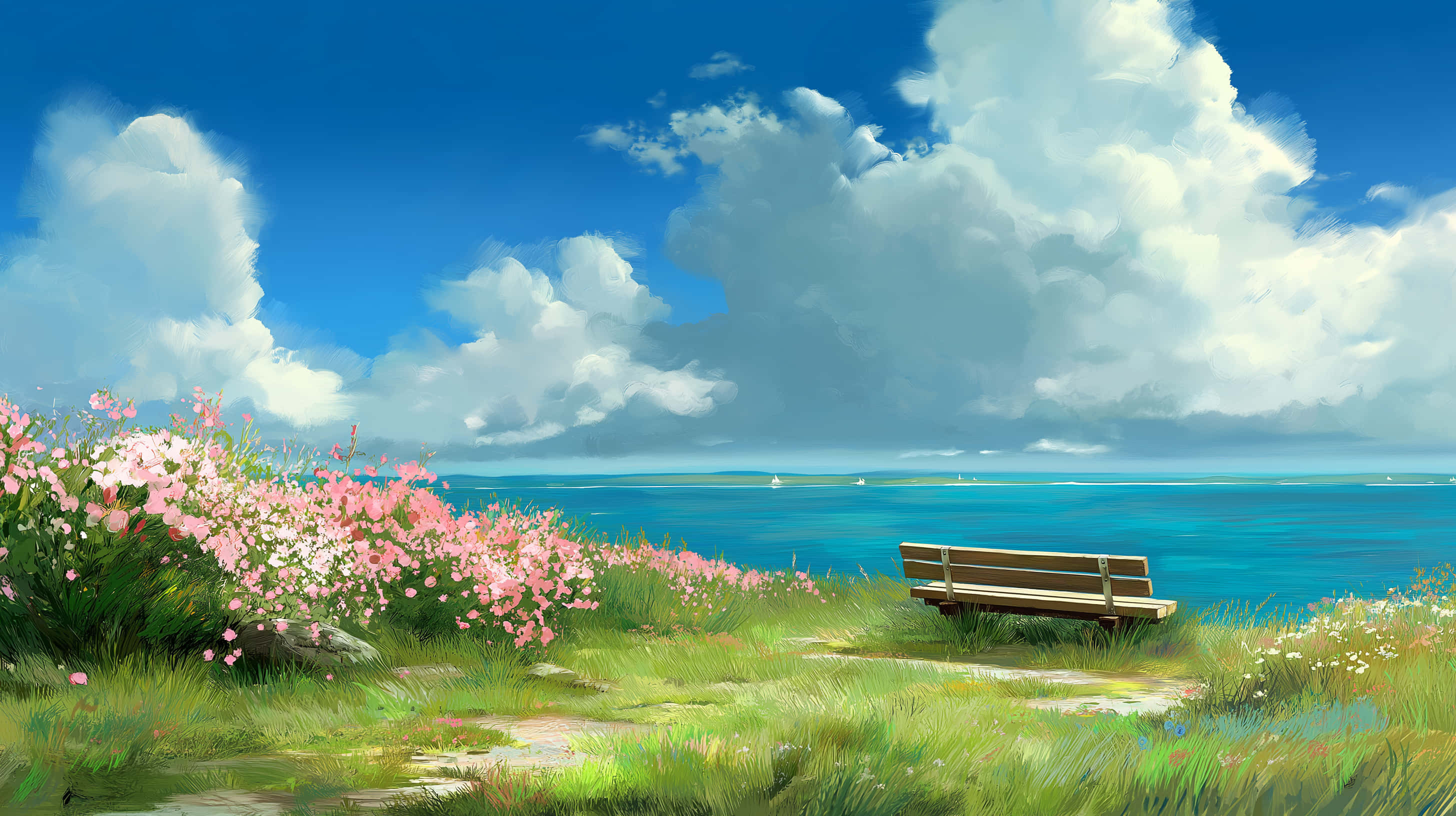 wooden bench, grassy cliff, turquoise sea, 2K Desktop Wallpaper