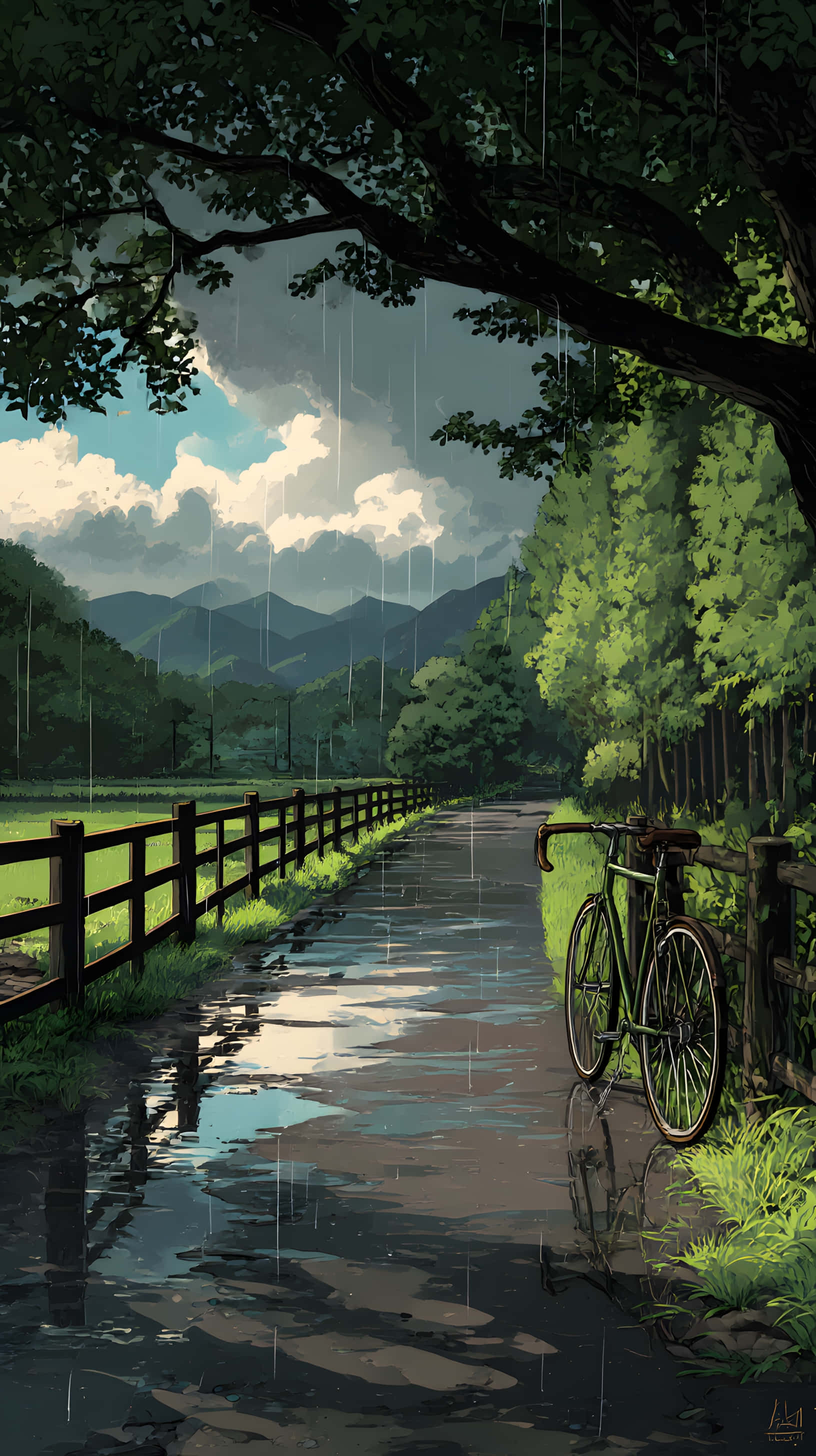 green bicycle, rain-slicked country path, canopy of trees, 2K Phone Wallpaper