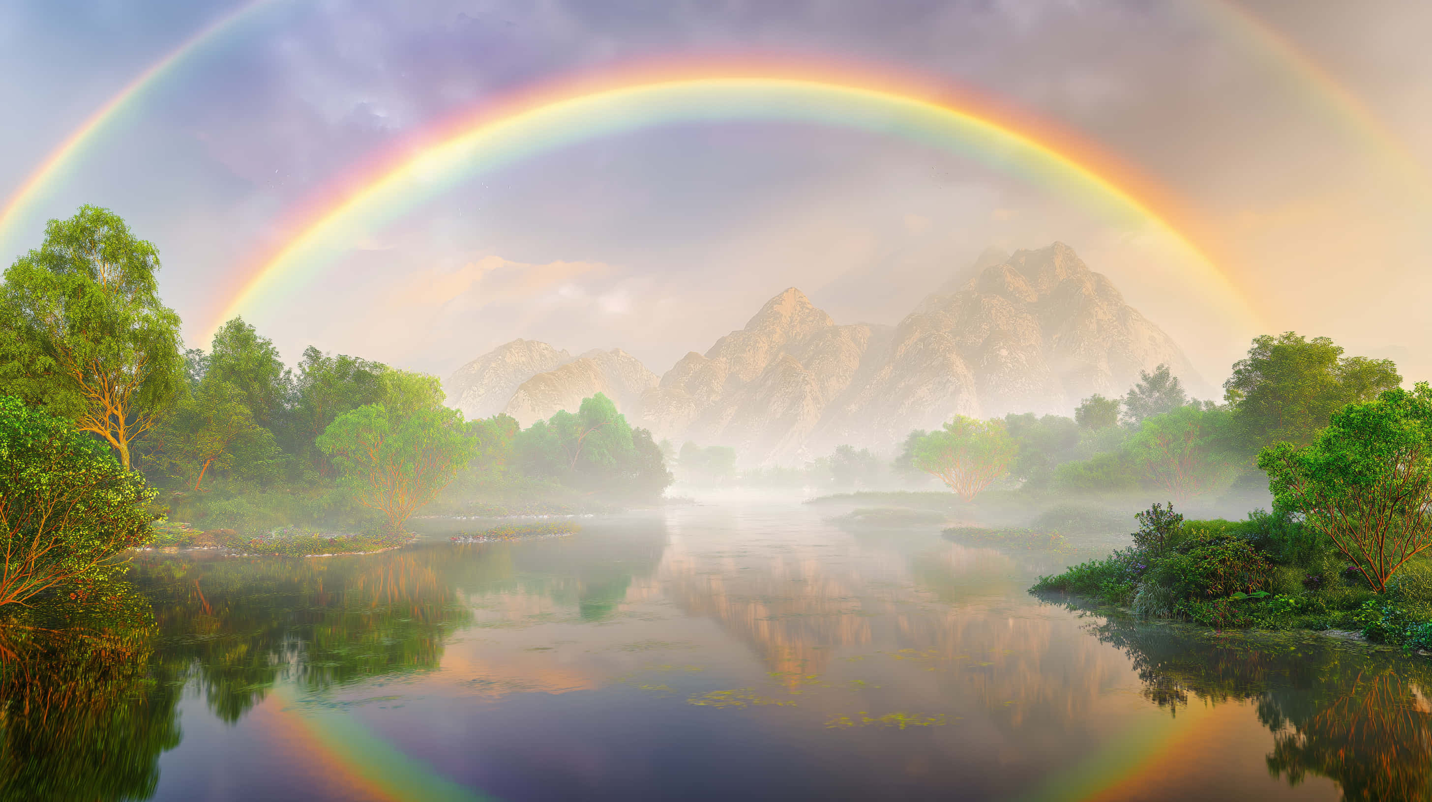double rainbow, misty mountain lake, calm river, 2K Desktop Wallpaper