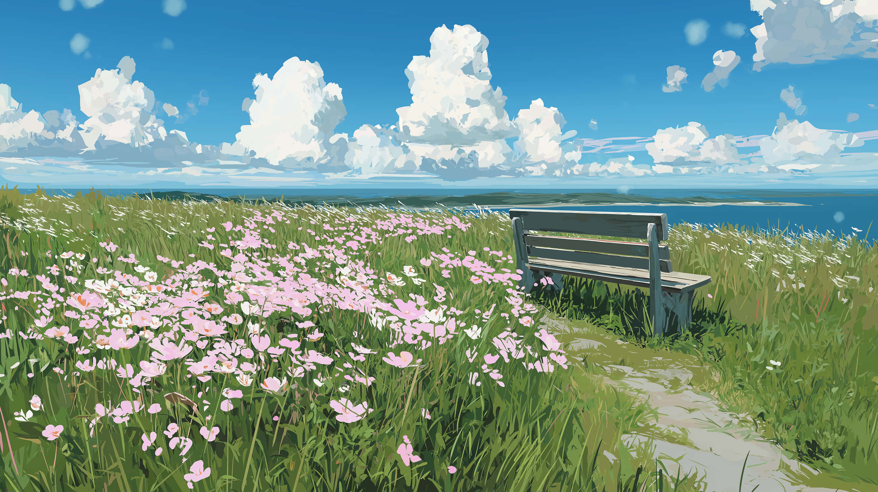 wooden bench, grassy hillside, blue sea, 2K Desktop Wallpaper